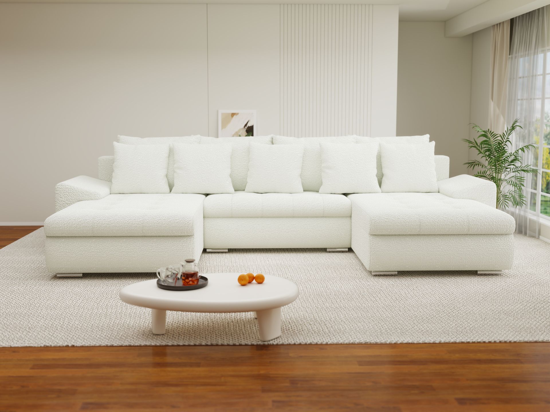 Colțar extensibil dumonde cu ladă de depozitare si sezut confortabil din spuma high-density, Leonardo U Jaguar Ivory 01 360x185 cm