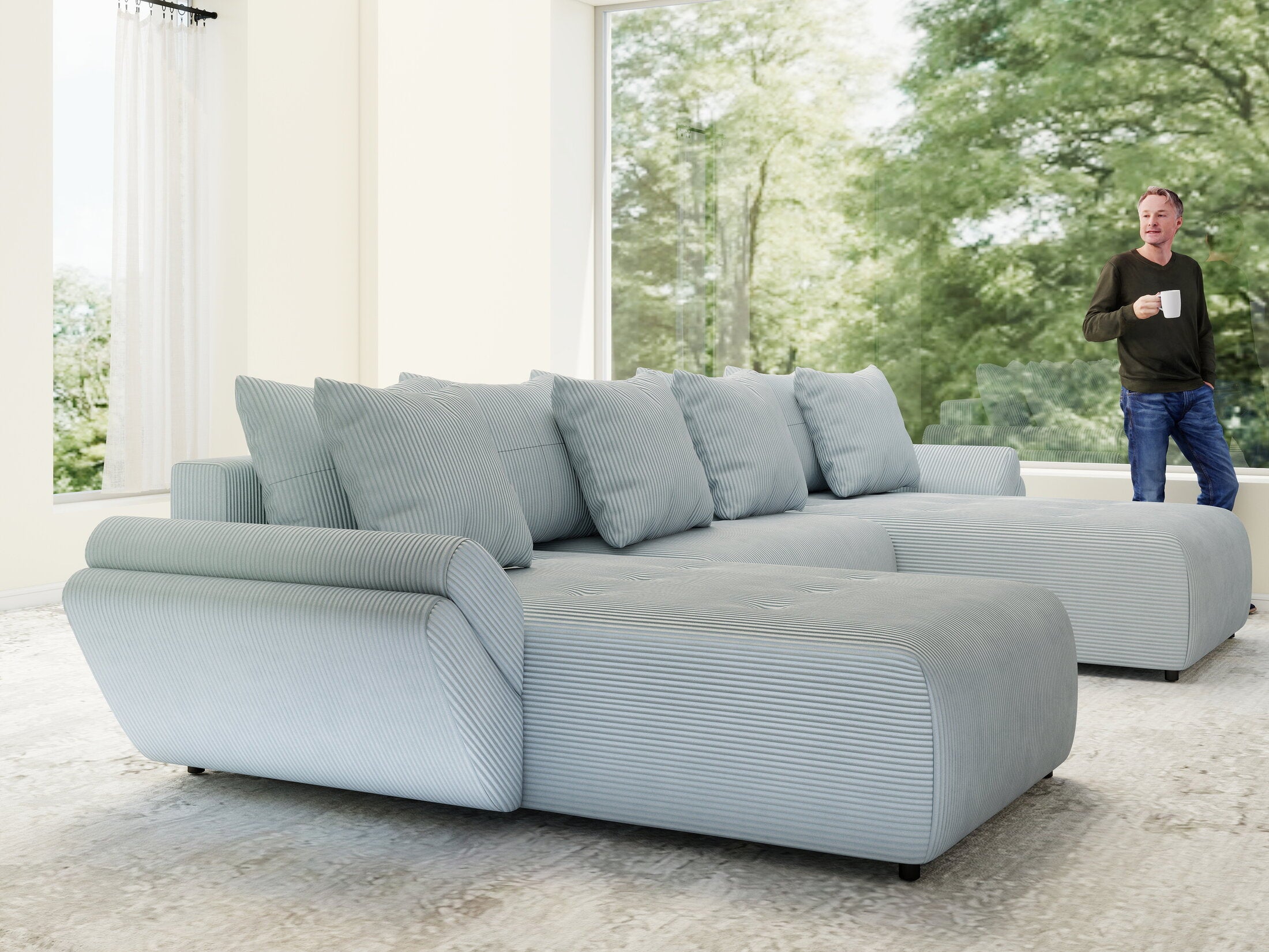 Colțar extensibil dumonde cu ladă de depozitare si sezut confortabil din spuma HR, Berlin U Zoom GREY 380x180 cm