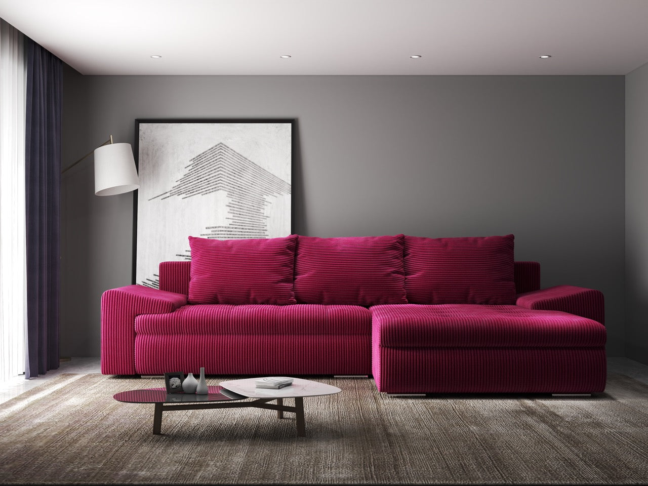 Colțar extensibil dumonde cu ladă de depozitare si sezut confortabil din spuma HR, Leonardo Zoom Rosu 260x185 cm II Fabrica