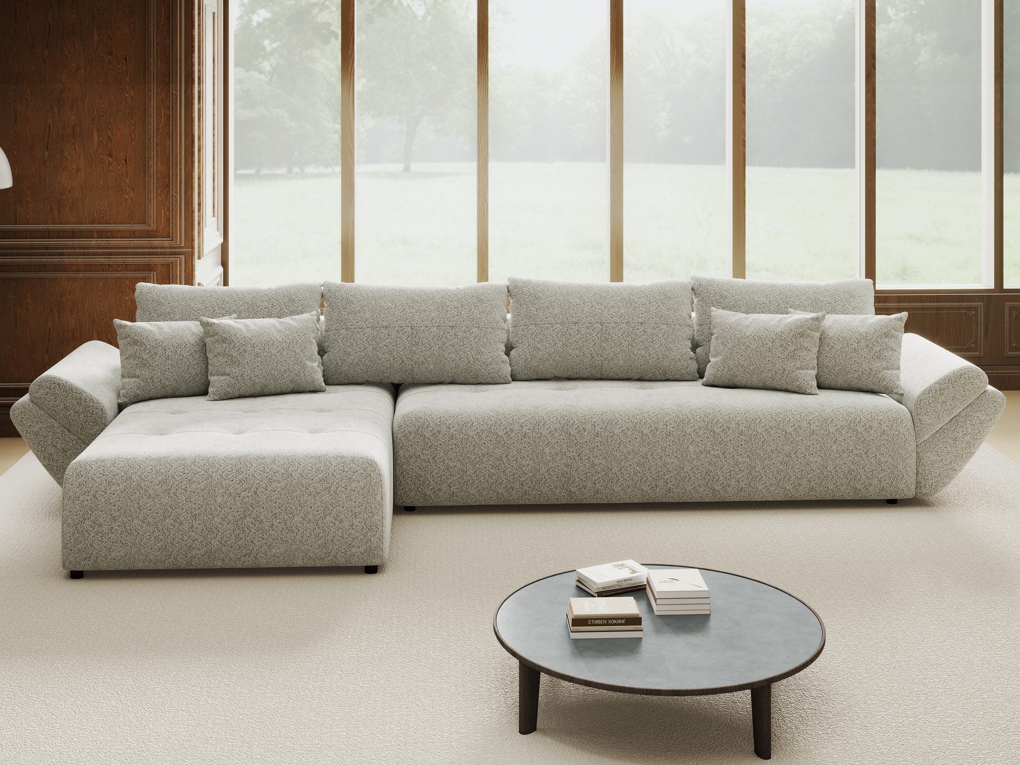 Colțar extensibil dumonde cu ladă de depozitare si sezut confortabil din spuma high-density, Berlin XL Arena Gri 15 350x185 cm