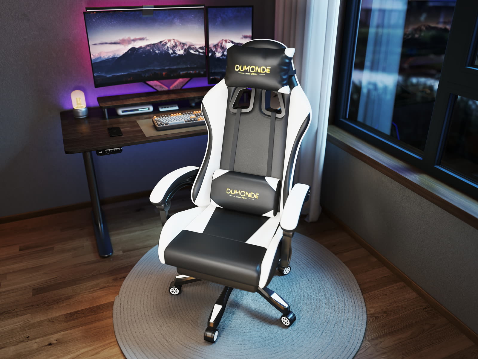 Scaun gaming Dumonde NIGHTFAL, mecanism multifuncțional, ecopiele, suport picioare, alb/negru