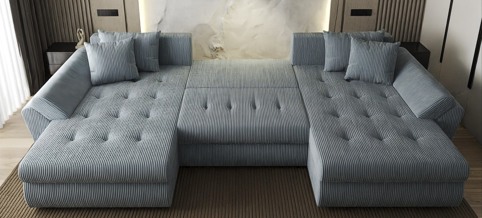 Colțar extensibil dumonde cu ladă de depozitare si sezut confortabil din spuma HR, Loana U Zoom Grey 355x185 cm Fabrica