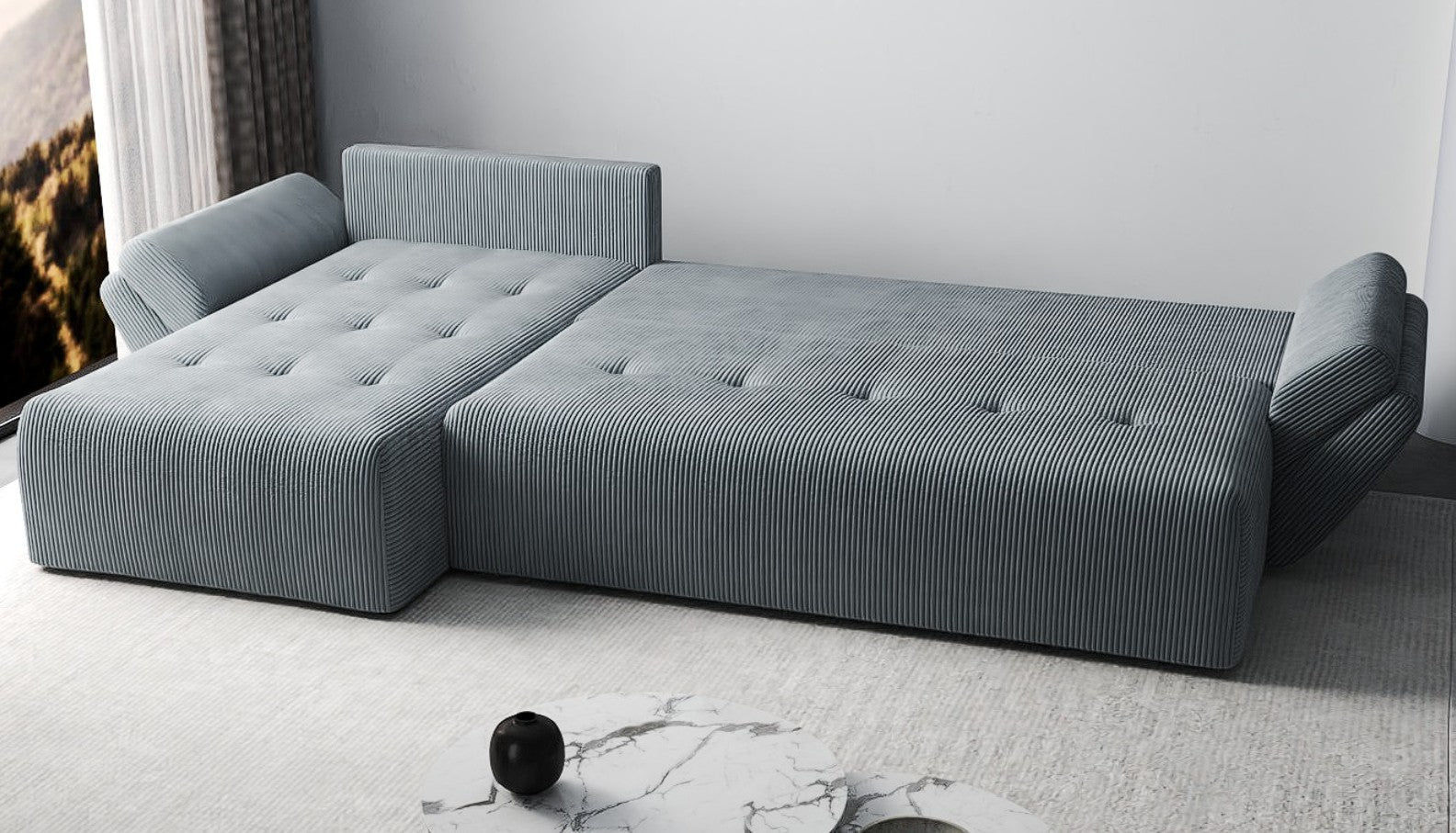 Colțar extensibil dumonde cu ladă de depozitare si sezut confortabil din spuma HR, Berlin XL Zoom Grey 350x185 cm Fabrica