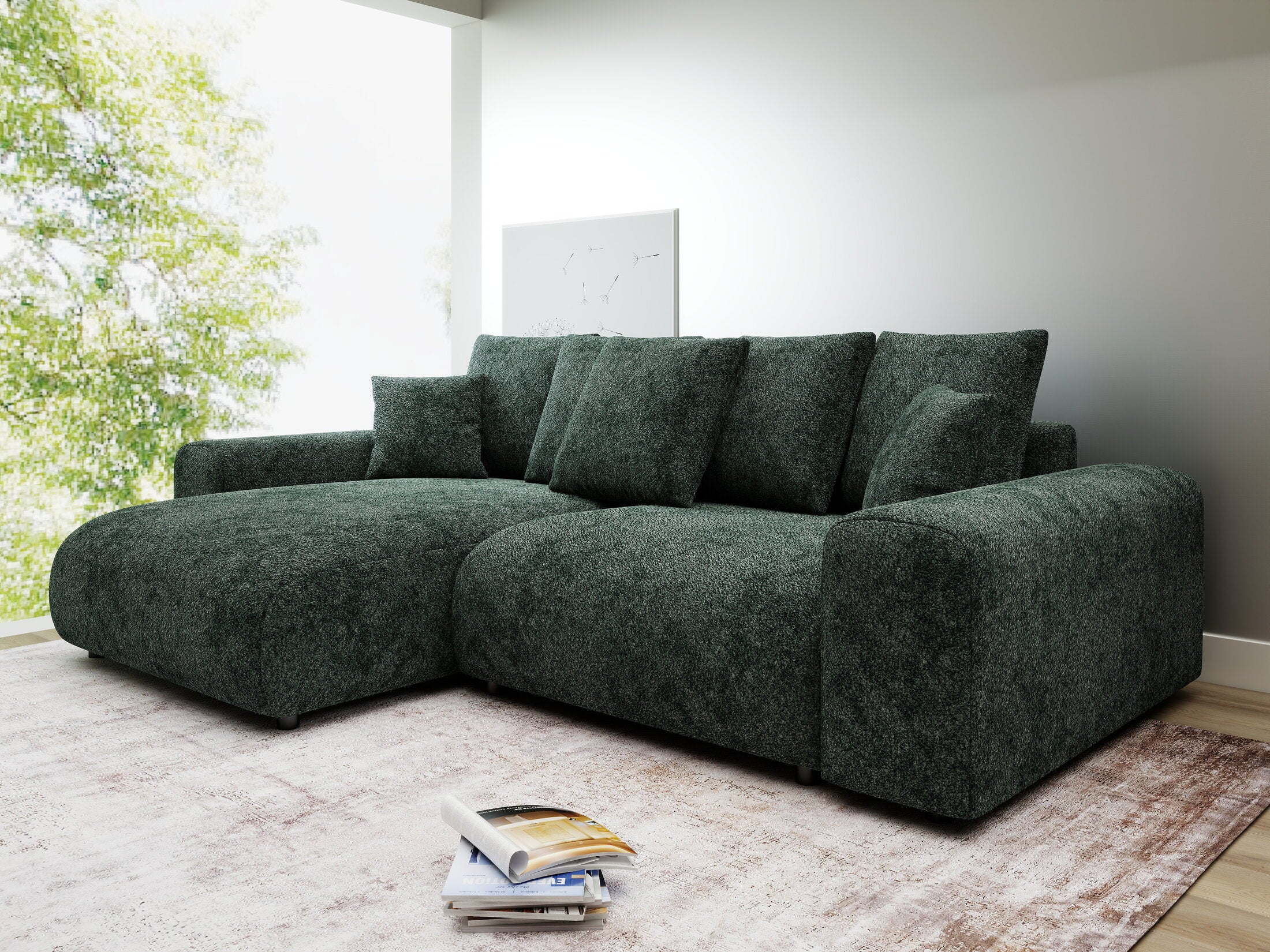 Colțar extensibil dumonde cu ladă de depozitare și șezut confortabil din spumă HR, Luma Euphoria Verde 255x168 cm