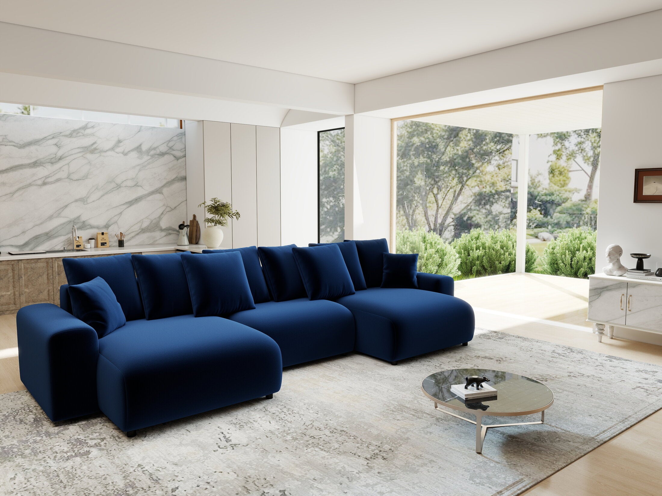 Colțar extensibil dumonde cu ladă de depozitare si sezut confortabil din spuma HR, Luma U Royal Albastru Navy 336x140 cm