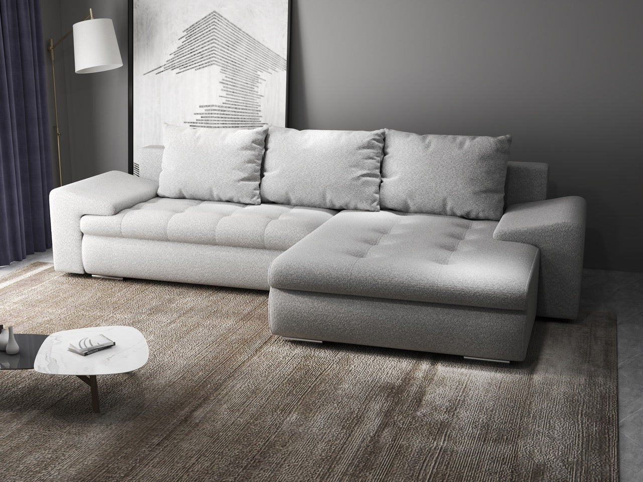 Colțar extensibil dumonde cu ladă de depozitare si sezut confortabil din spuma HR, Leonardo Euphoria Dove 260x185 cm II Fabrica