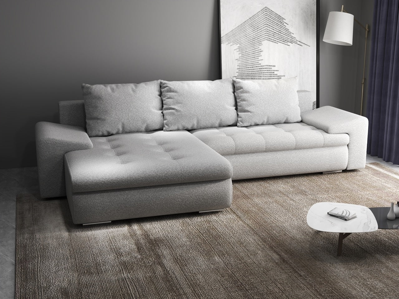 Colțar extensibil dumonde cu ladă de depozitare si sezut confortabil din spuma HR, Leonardo Euphoria Dove 260x185 cm Fabrica