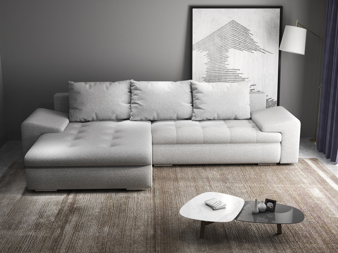 Colțar extensibil dumonde cu ladă de depozitare si sezut confortabil din spuma HR, Leonardo Euphoria Dove 260x185 cm Fabrica