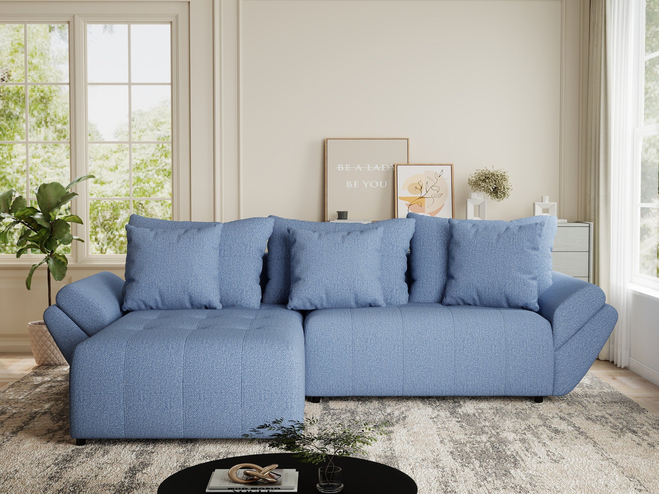 Colțar extensibil dumonde cu ladă de depozitare si sezut confortabil din spuma HR, Berlin Enjoy Albastru 280x185 cm