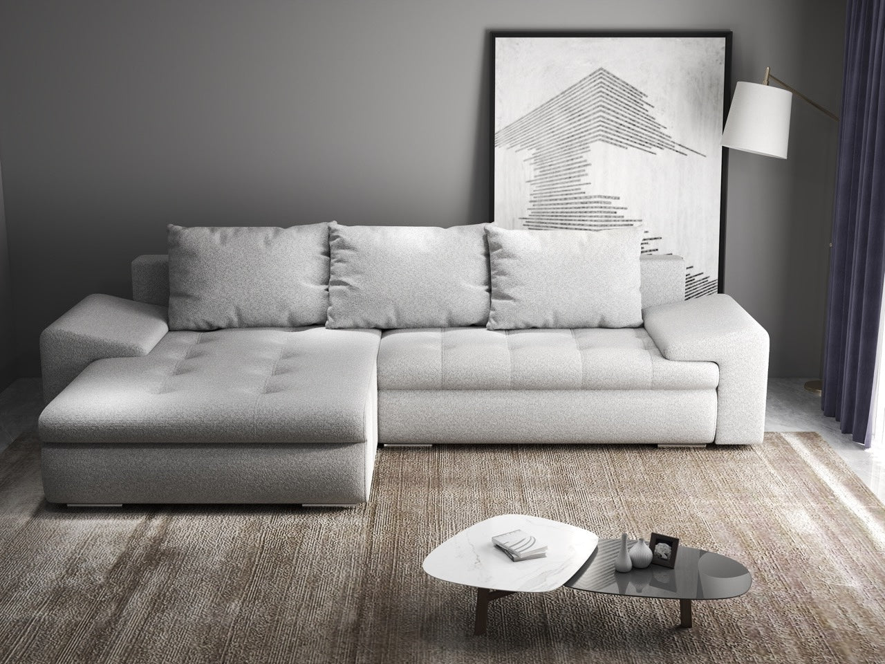 Colțar extensibil dumonde cu ladă de depozitare si sezut confortabil din spuma HR, Leonardo Euphoria Dove 260x185 cm Fabrica