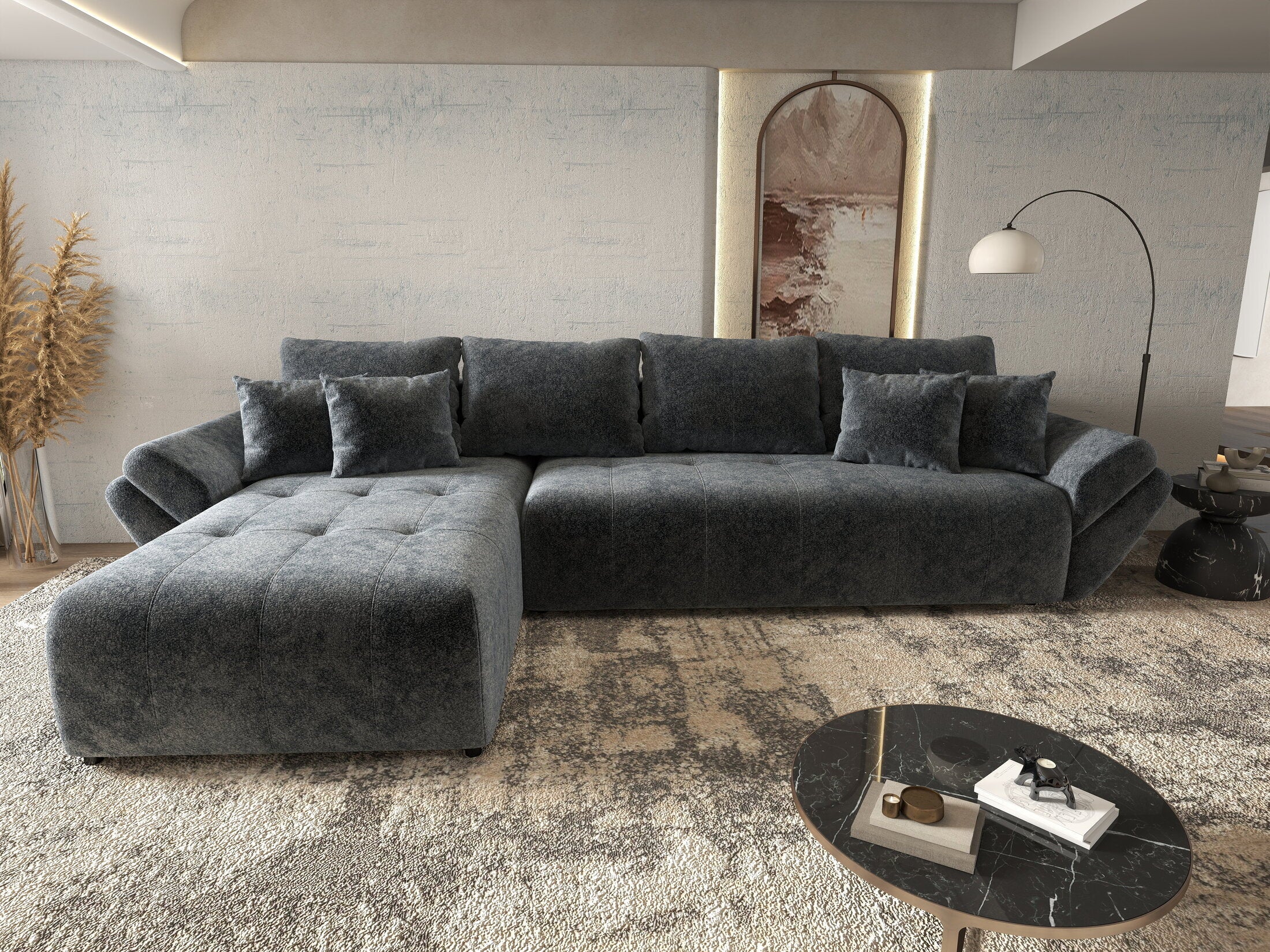 Colțar extensibil dumonde cu ladă de depozitare si sezut confortabil din spuma HR, Berlin XL Euphoria Graphite 350x185 cm