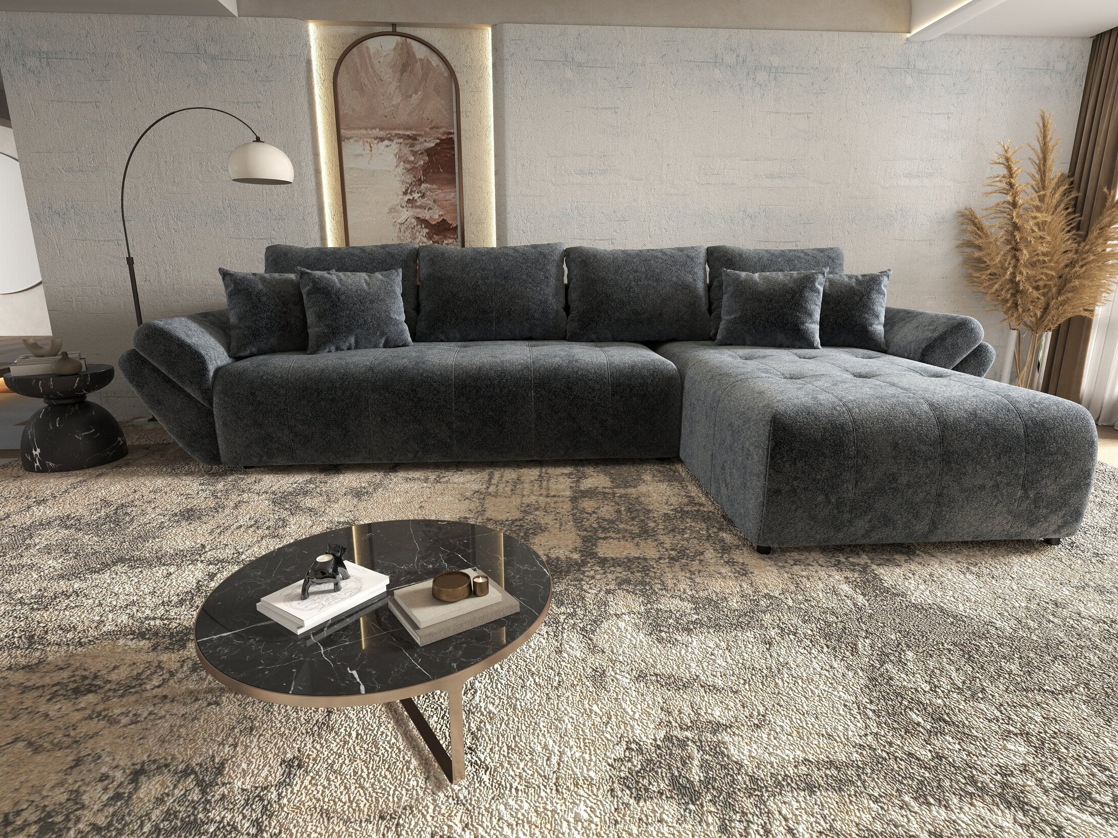 Colțar extensibil dumonde cu ladă de depozitare si sezut confortabil din spuma HR, Berlin XL Euphoria Graphite 350x185 cm II