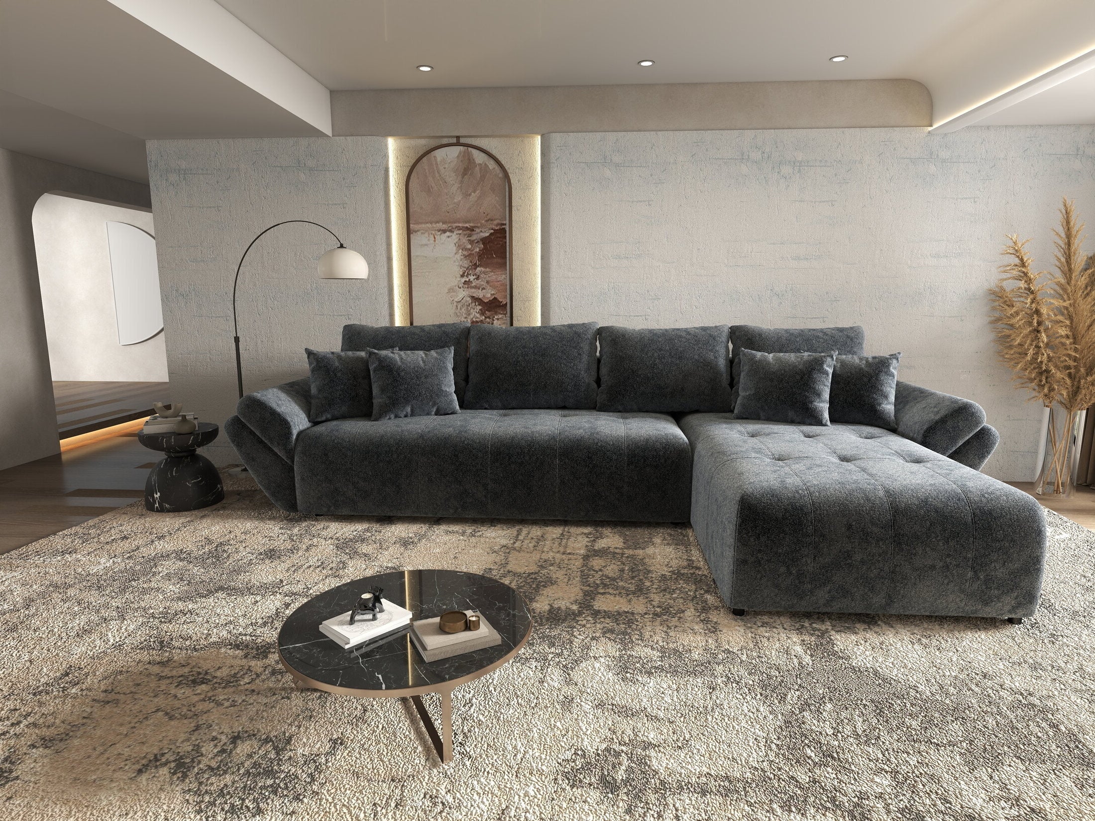 Colțar extensibil dumonde cu ladă de depozitare si sezut confortabil din spuma HR, Berlin XL Euphoria Graphite 350x185 cm II