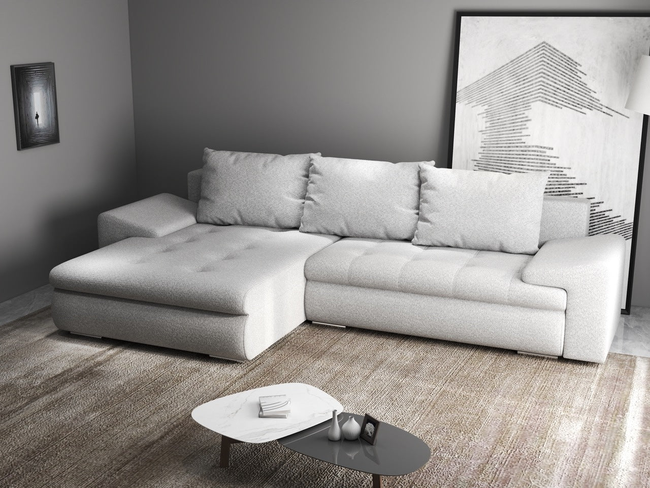 Colțar extensibil dumonde cu ladă de depozitare si sezut confortabil din spuma HR, Leonardo Euphoria Dove 260x185 cm Fabrica