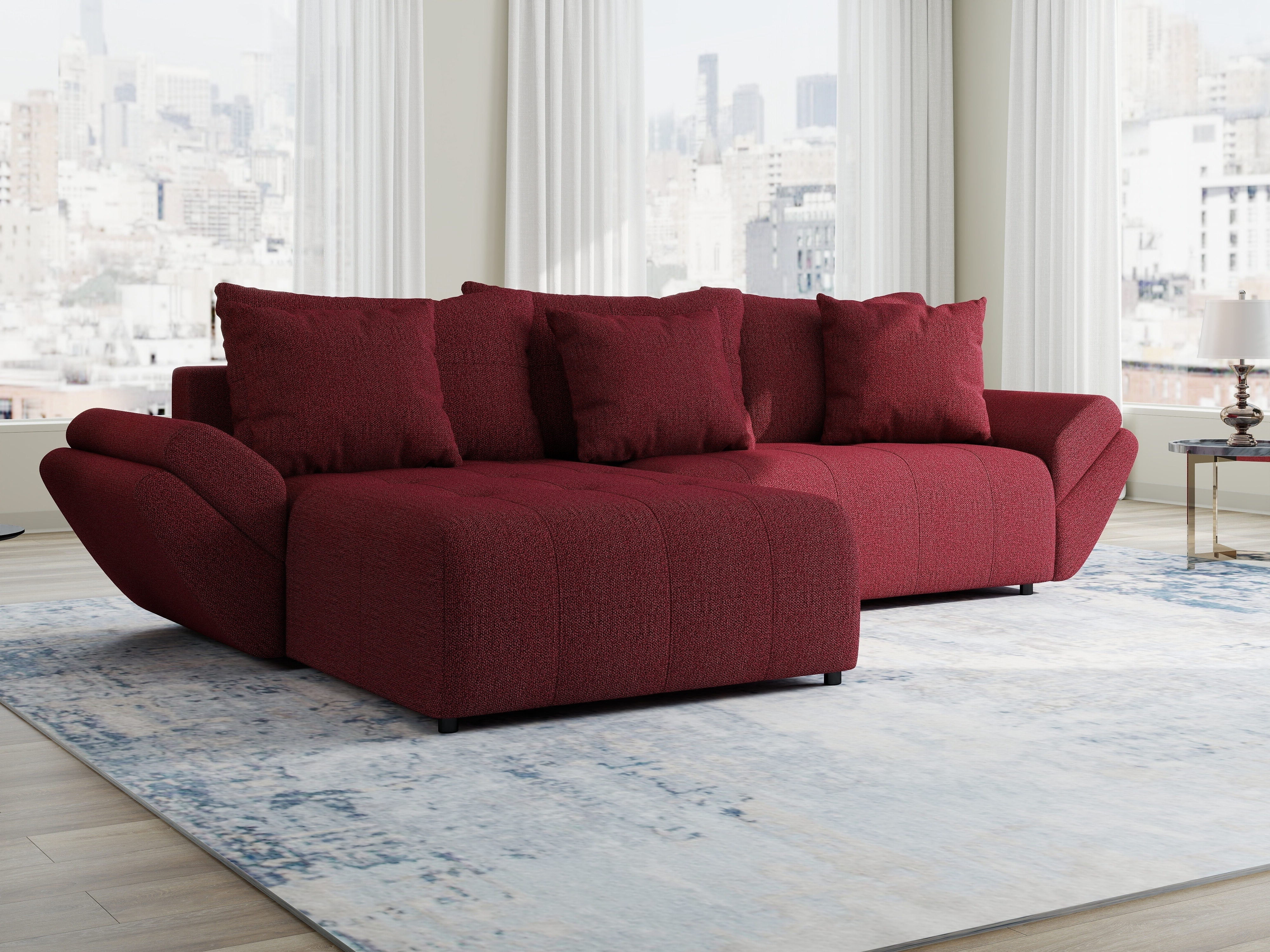 Colțar extensibil dumonde cu ladă de depozitare si sezut confortabil din spuma HR, Berlin Enjoy Rosu 280x185 cm