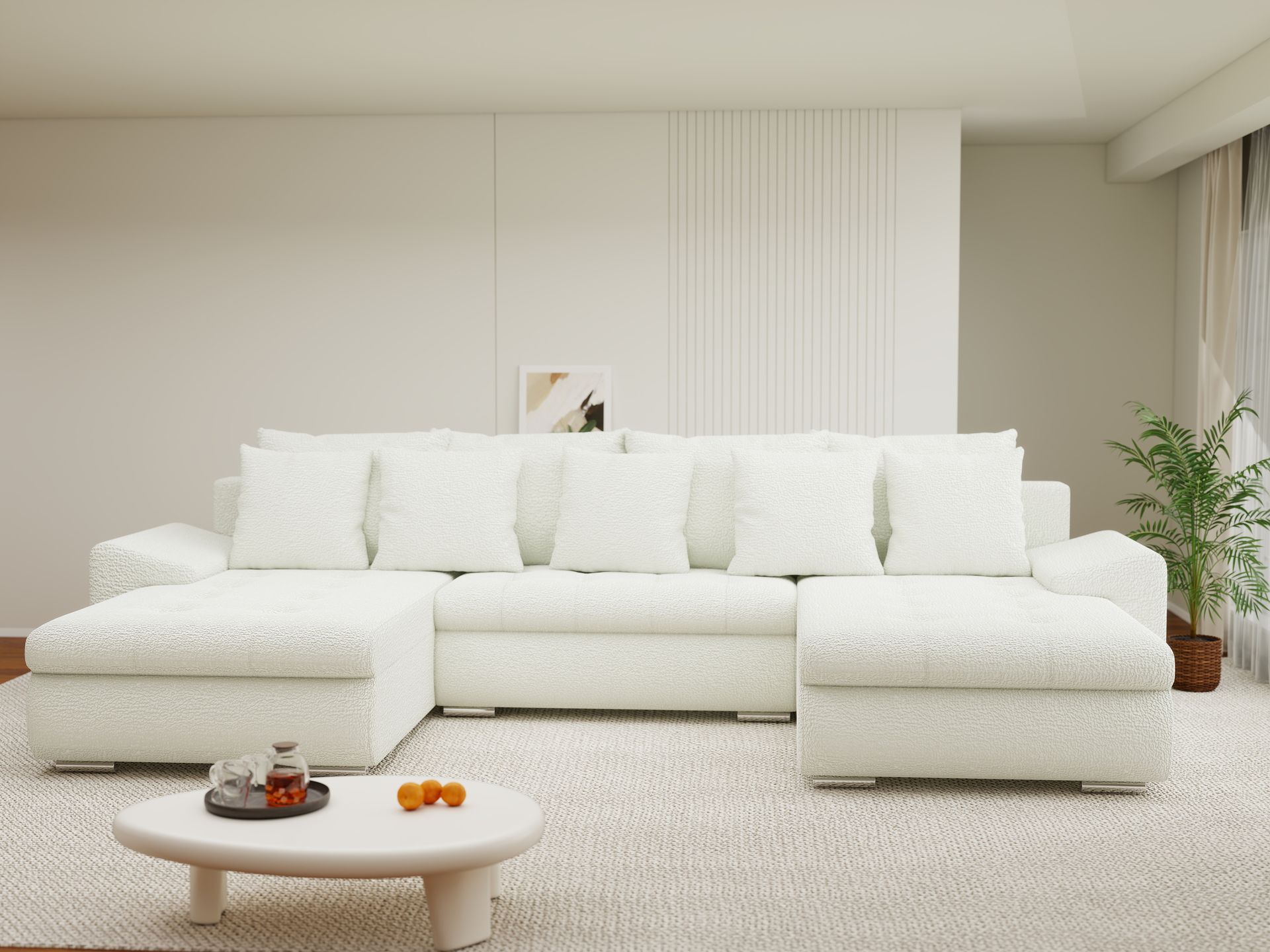 Colțar extensibil dumonde cu ladă de depozitare si sezut confortabil din spuma high-density, Leonardo U Jaguar Ivory 01 360x185 cm