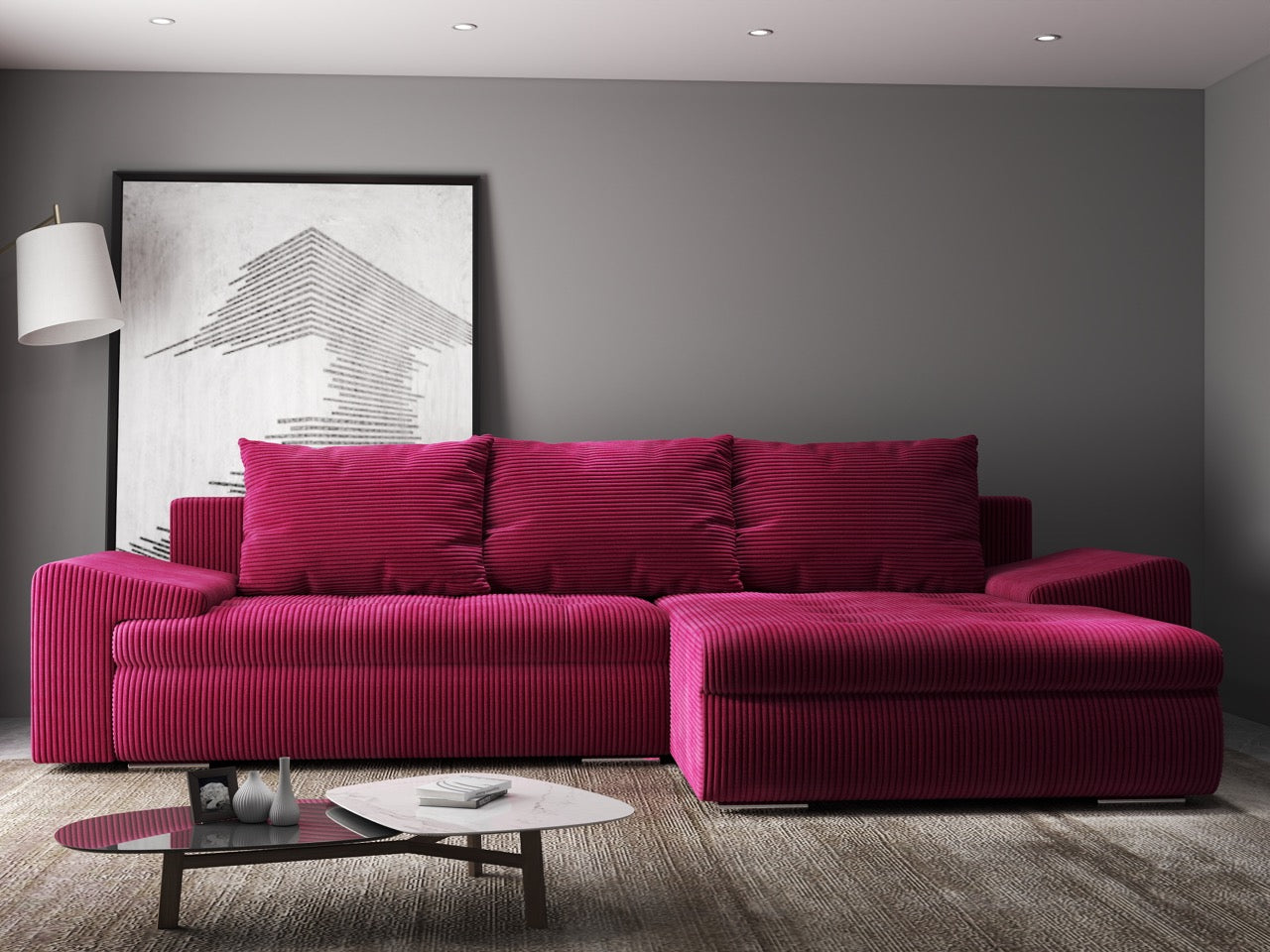 Colțar extensibil dumonde cu ladă de depozitare si sezut confortabil din spuma HR, Leonardo Zoom Rosu 260x185 cm II Fabrica