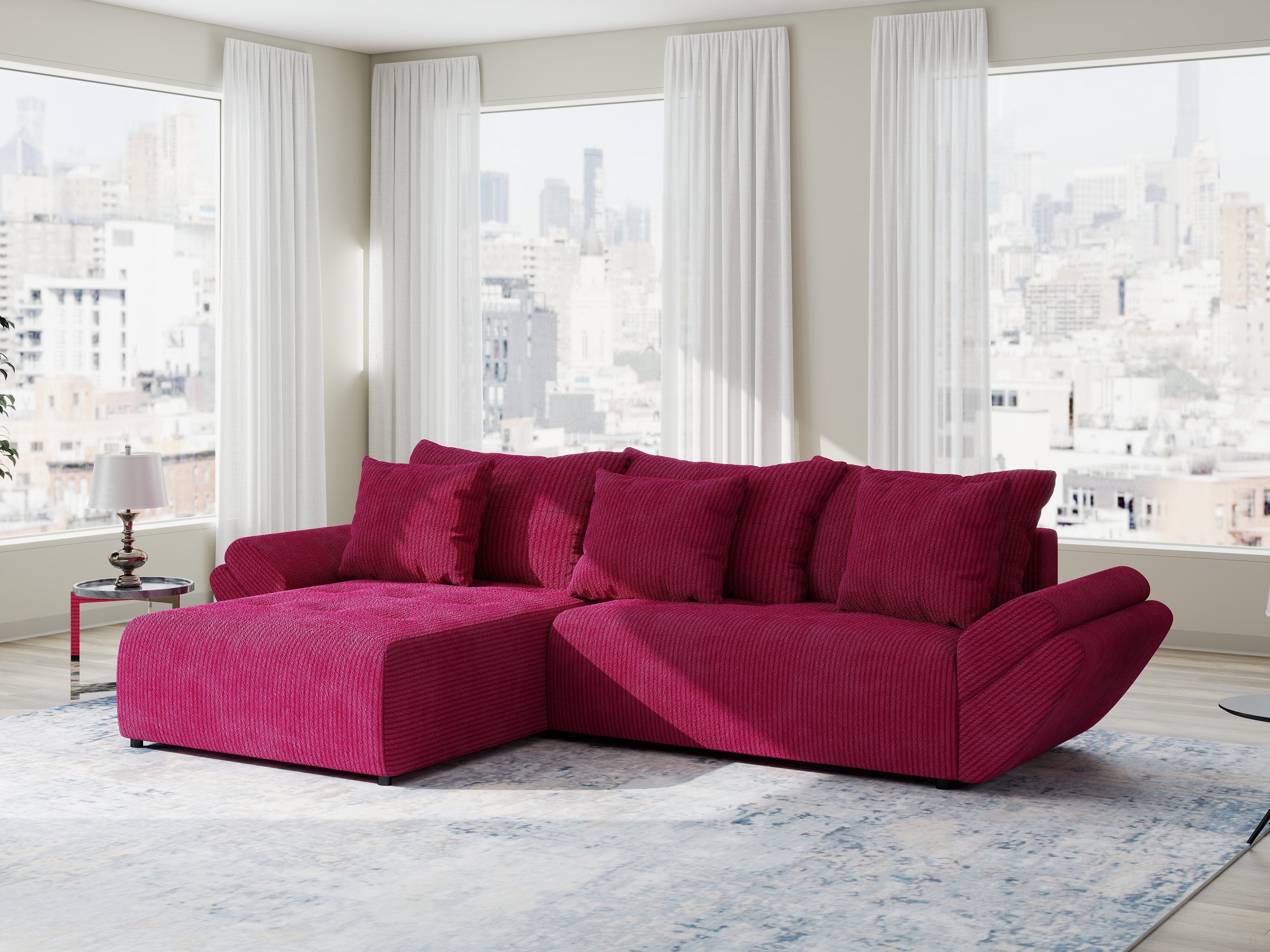 Colțar extensibil dumonde cu ladă de depozitare si sezut confortabil din spuma HR, Berlin Zoom Rosu 280x185 cm