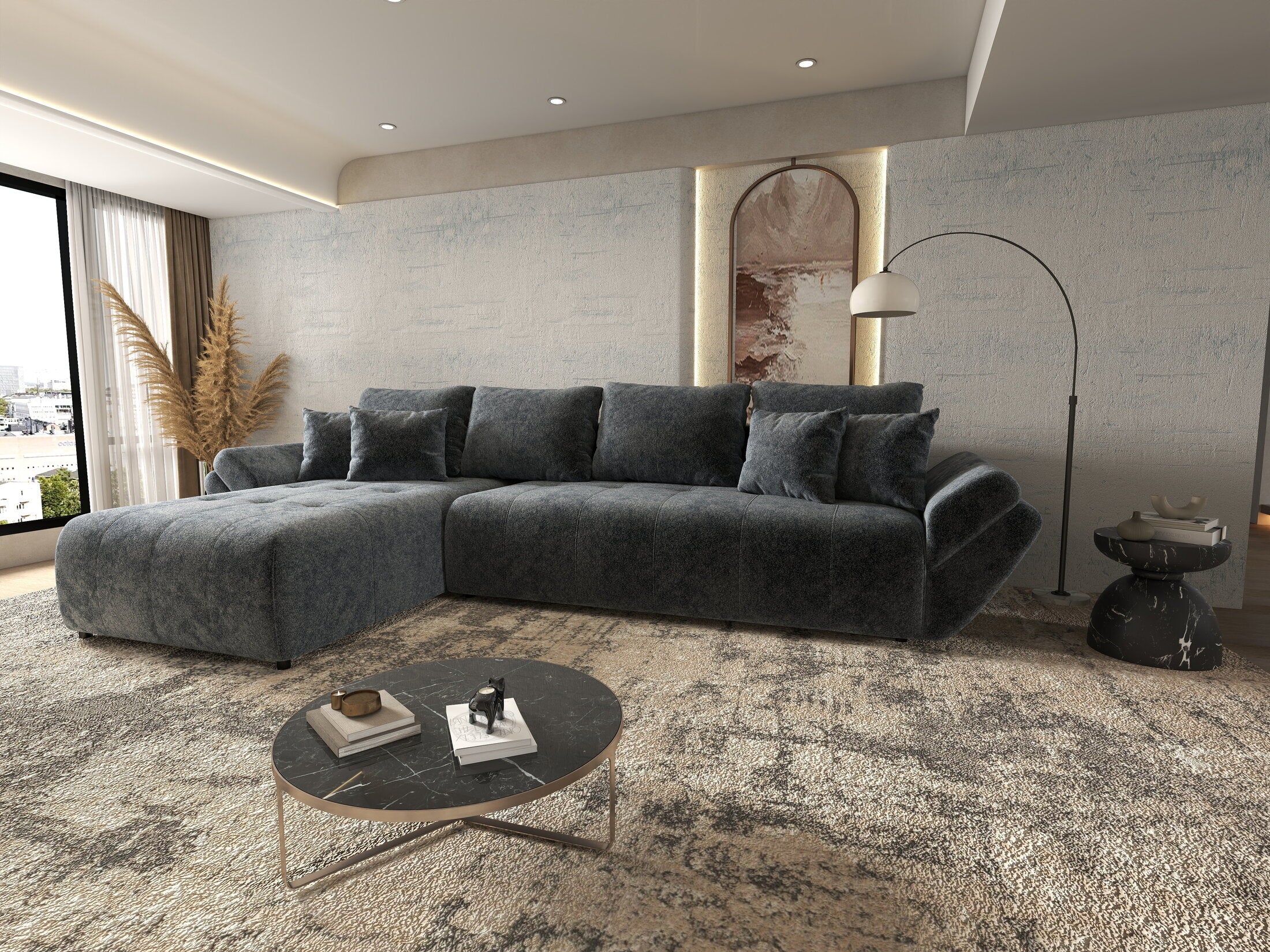 Colțar extensibil dumonde cu ladă de depozitare si sezut confortabil din spuma HR, Berlin XL Euphoria Graphite 350x185 cm