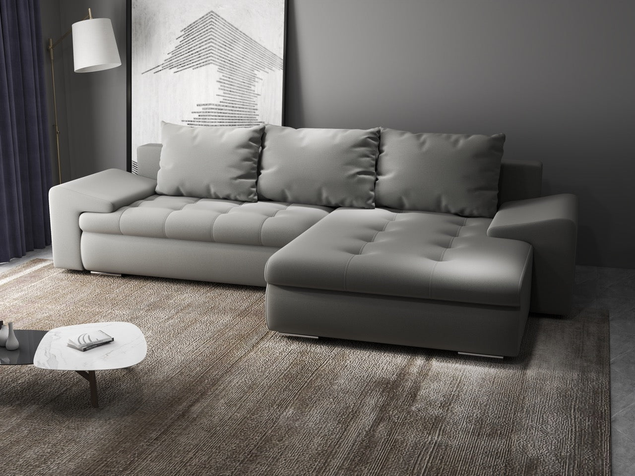 Colțar extensibil dumonde cu ladă de depozitare si sezut confortabil din spuma HR, Leonardo Royal Gri 260x185 cm II Fabrica