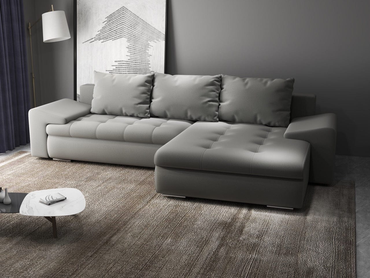 Colțar extensibil dumonde cu ladă de depozitare si sezut confortabil din spuma HR, Leonardo Royal Gri 260x185 cm II Fabrica