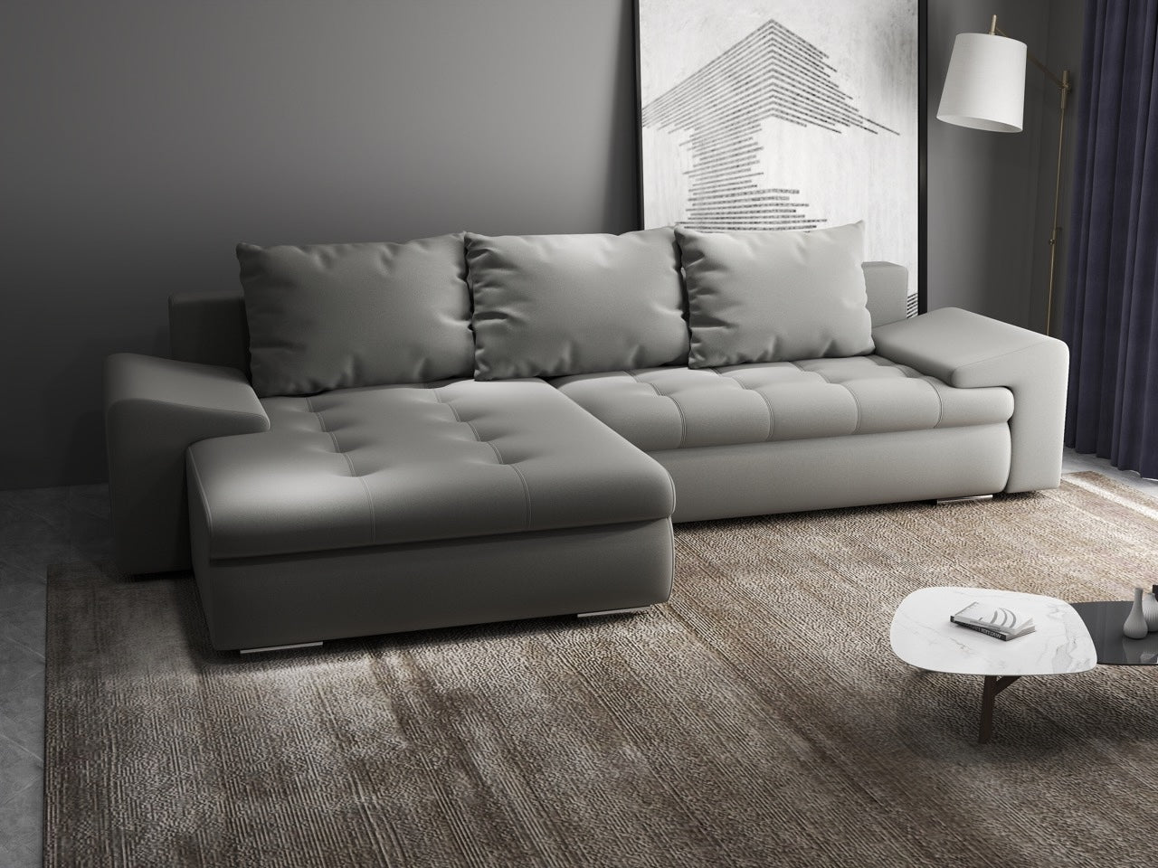 Colțar extensibil dumonde cu ladă de depozitare si sezut confortabil din spuma HR, Leonardo Royal Gri 260x185 cm Fabrica