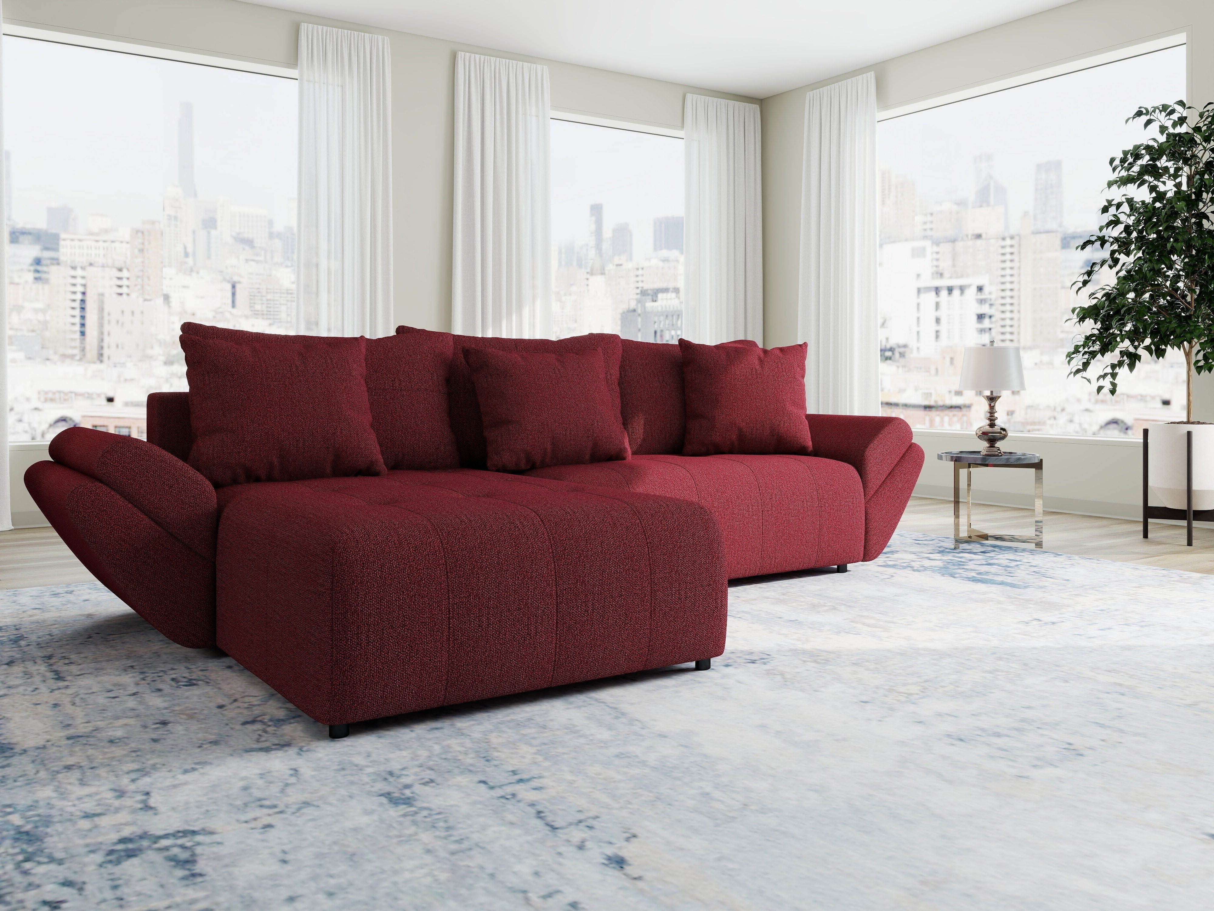 Colțar extensibil dumonde cu ladă de depozitare si sezut confortabil din spuma HR, Berlin Enjoy Rosu 280x185 cm