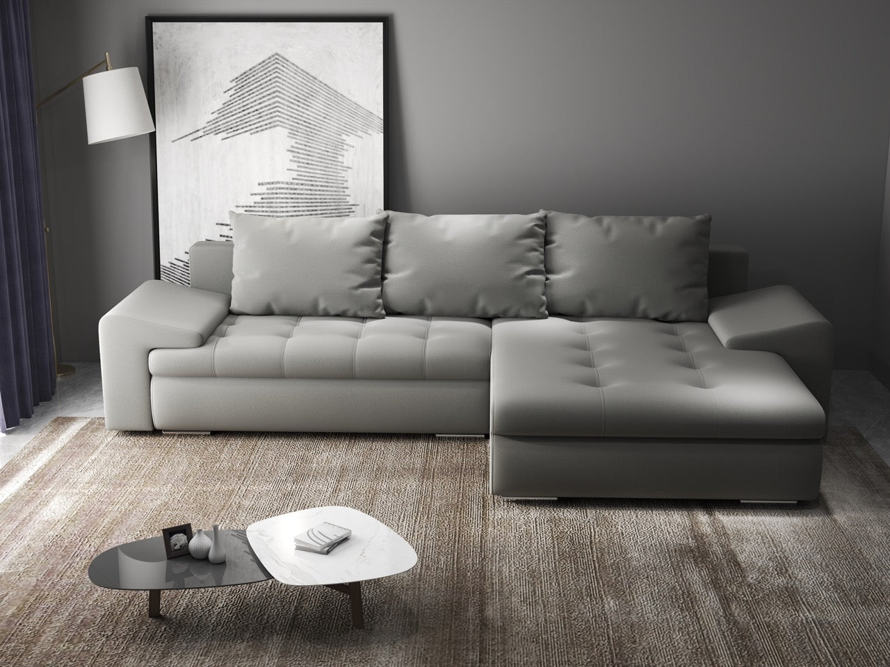 Colțar extensibil dumonde cu ladă de depozitare si sezut confortabil din spuma HR, Leonardo Royal Gri 260x185 cm II Fabrica