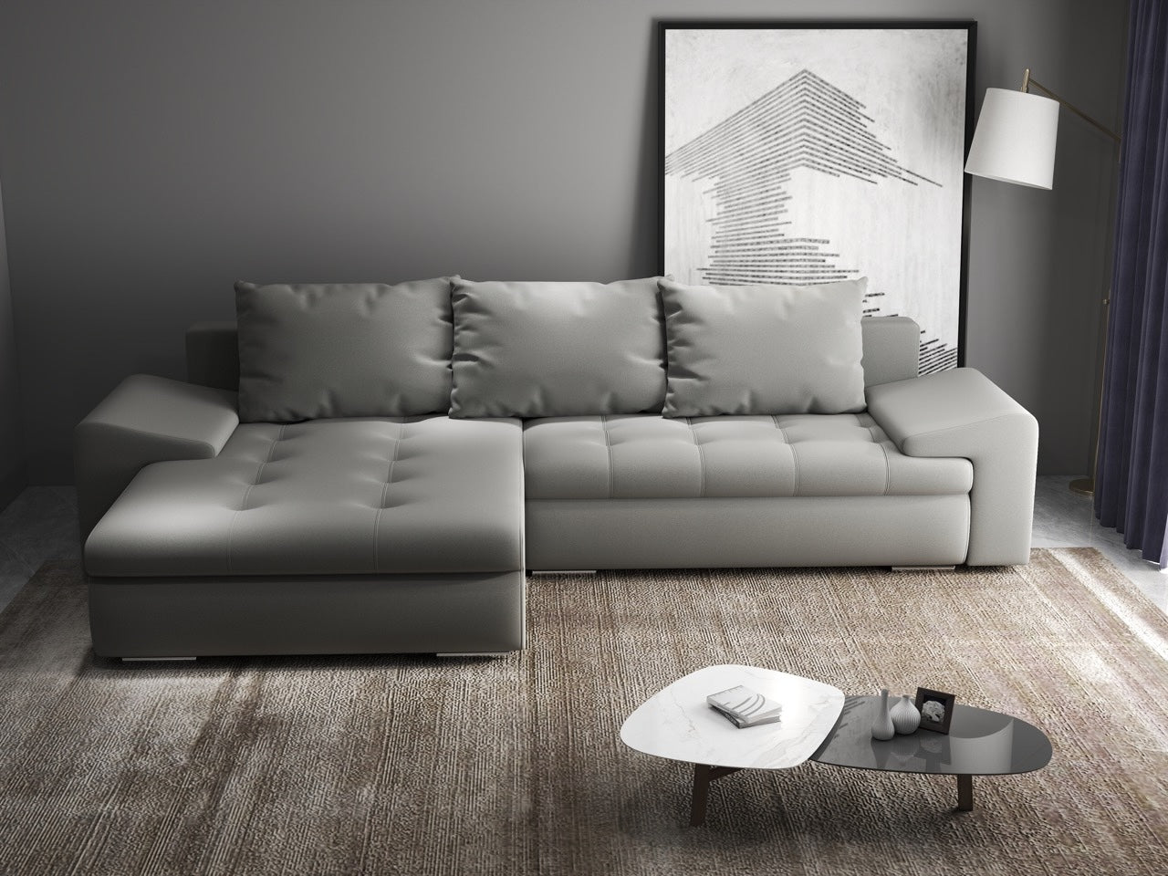 Colțar extensibil dumonde cu ladă de depozitare si sezut confortabil din spuma HR, Leonardo Royal Gri 260x185 cm Fabrica