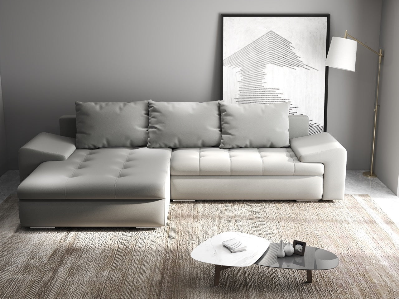 Colțar extensibil dumonde cu ladă de depozitare si sezut confortabil din spuma HR, Leonardo Royal Gri 260x185 cm Fabrica