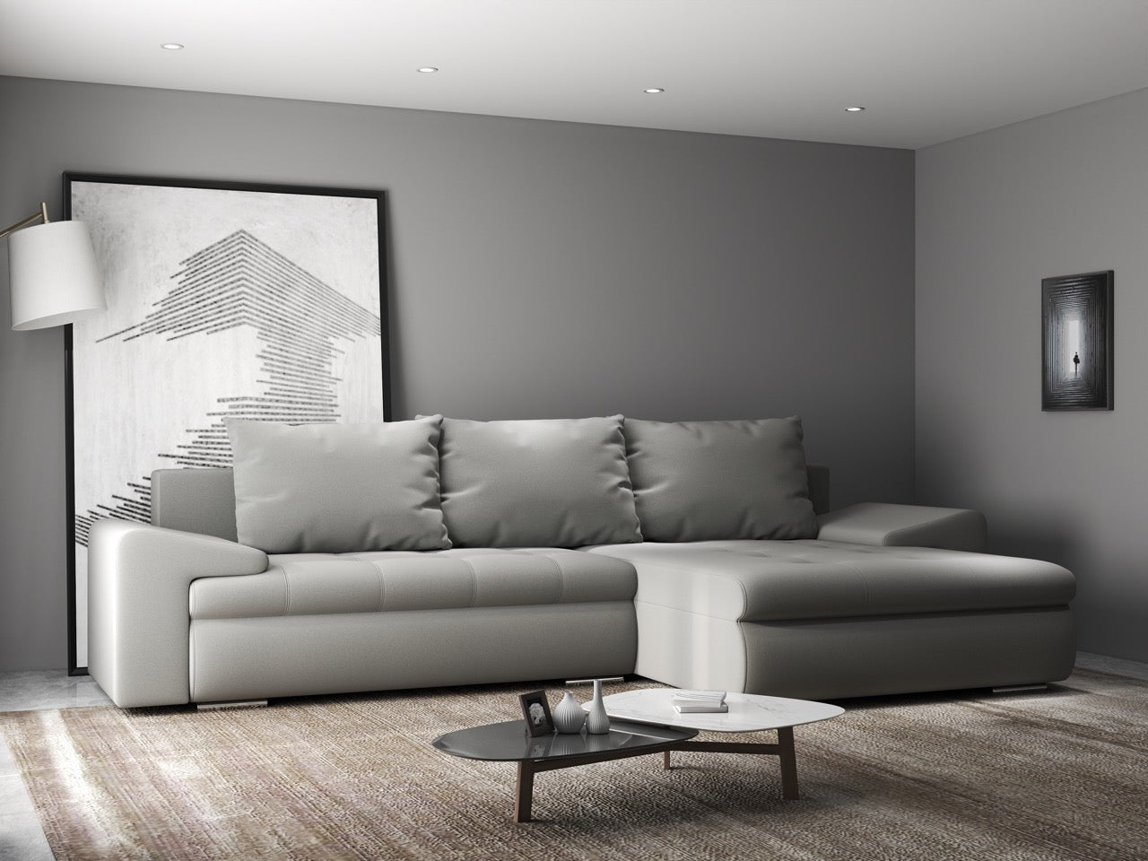 Colțar extensibil dumonde cu ladă de depozitare si sezut confortabil din spuma HR, Leonardo Royal Gri 260x185 cm II Fabrica