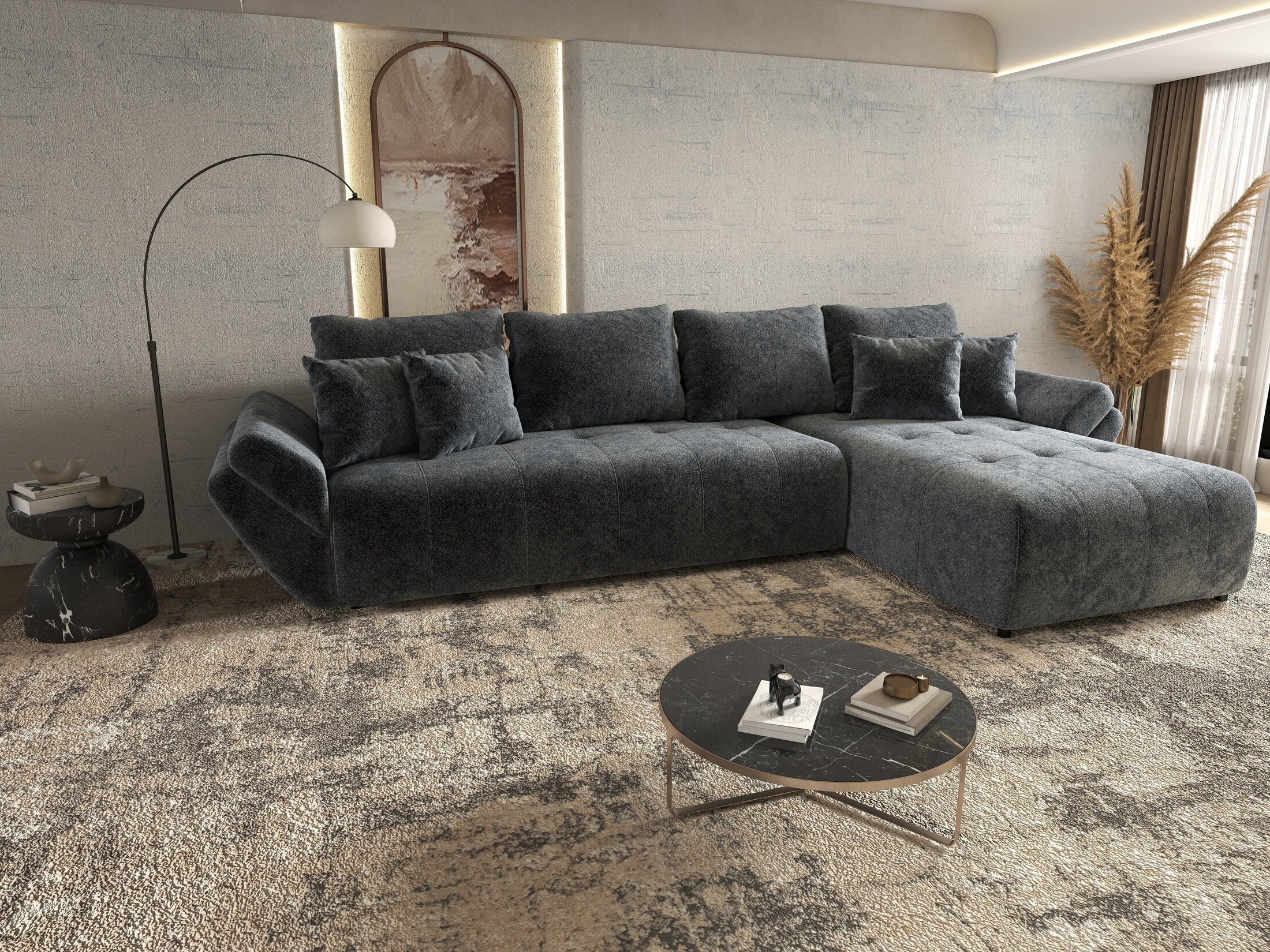 Colțar extensibil dumonde cu ladă de depozitare si sezut confortabil din spuma HR, Berlin XL Euphoria Graphite 350x185 cm II