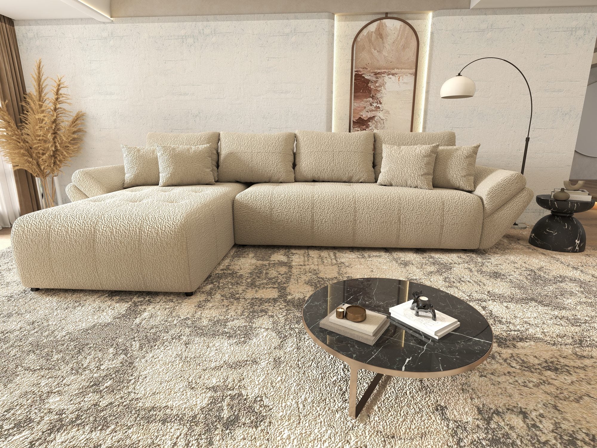 Colțar extensibil dumonde cu ladă de depozitare si sezut confortabil din spuma high-density, Berlin XL Jaguar Bej 4 350x185 cm