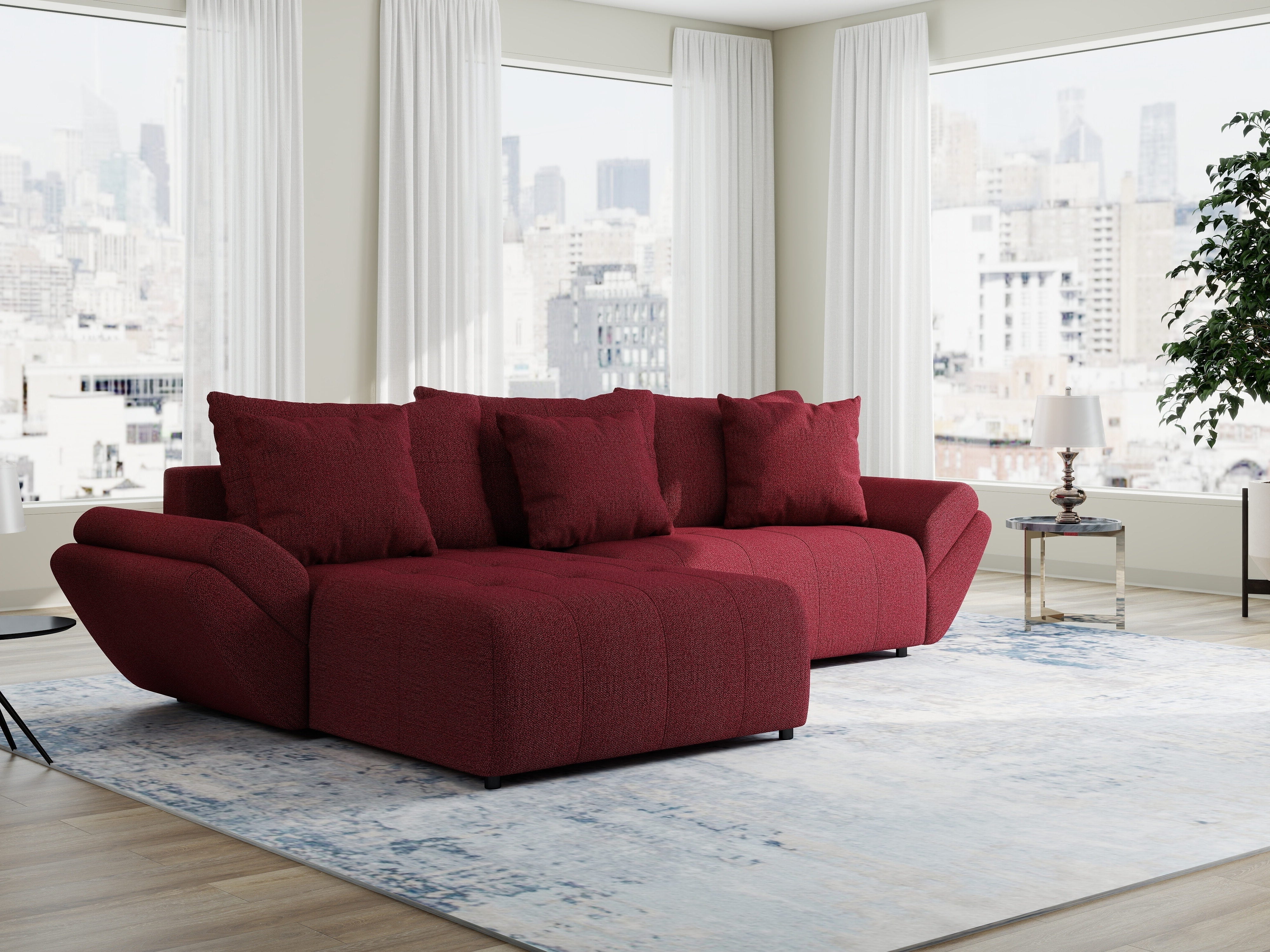 Colțar extensibil dumonde cu ladă de depozitare si sezut confortabil din spuma HR, Berlin Enjoy Rosu 280x185 cm