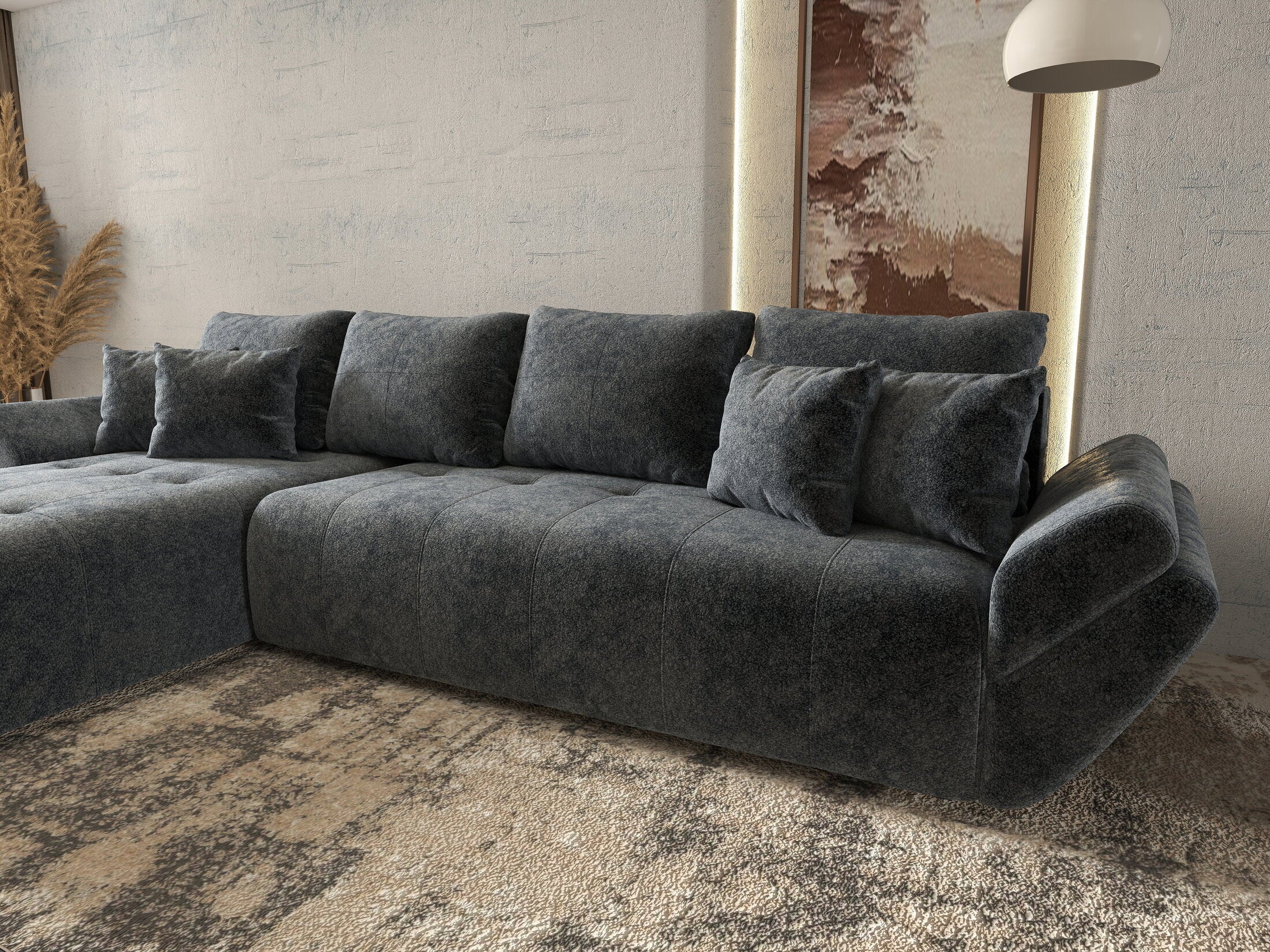 Colțar extensibil dumonde cu ladă de depozitare si sezut confortabil din spuma HR, Berlin XL Euphoria Graphite 350x185 cm