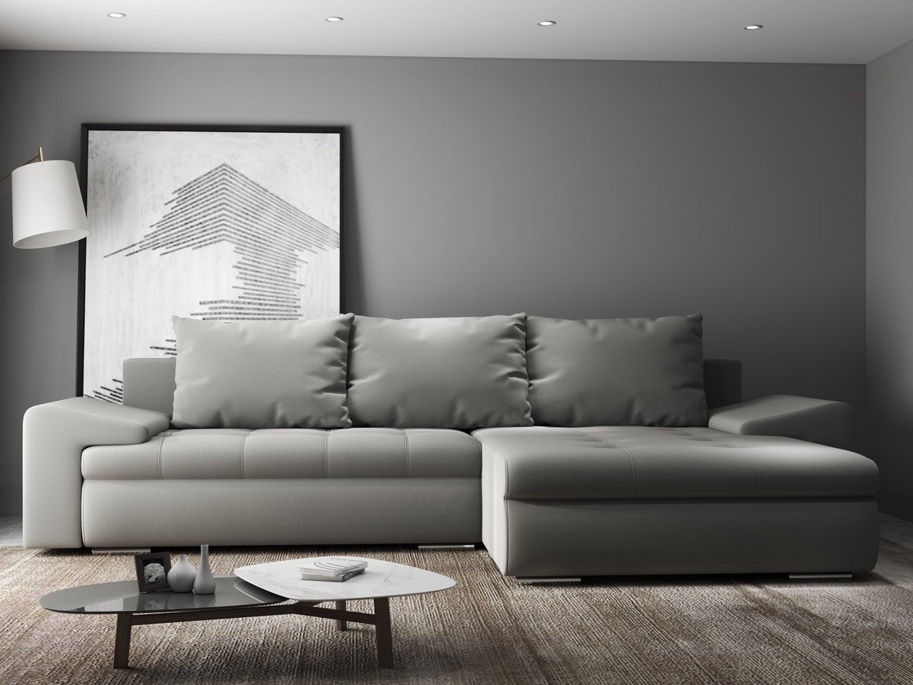 Colțar extensibil dumonde cu ladă de depozitare si sezut confortabil din spuma HR, Leonardo Royal Gri 260x185 cm II Fabrica