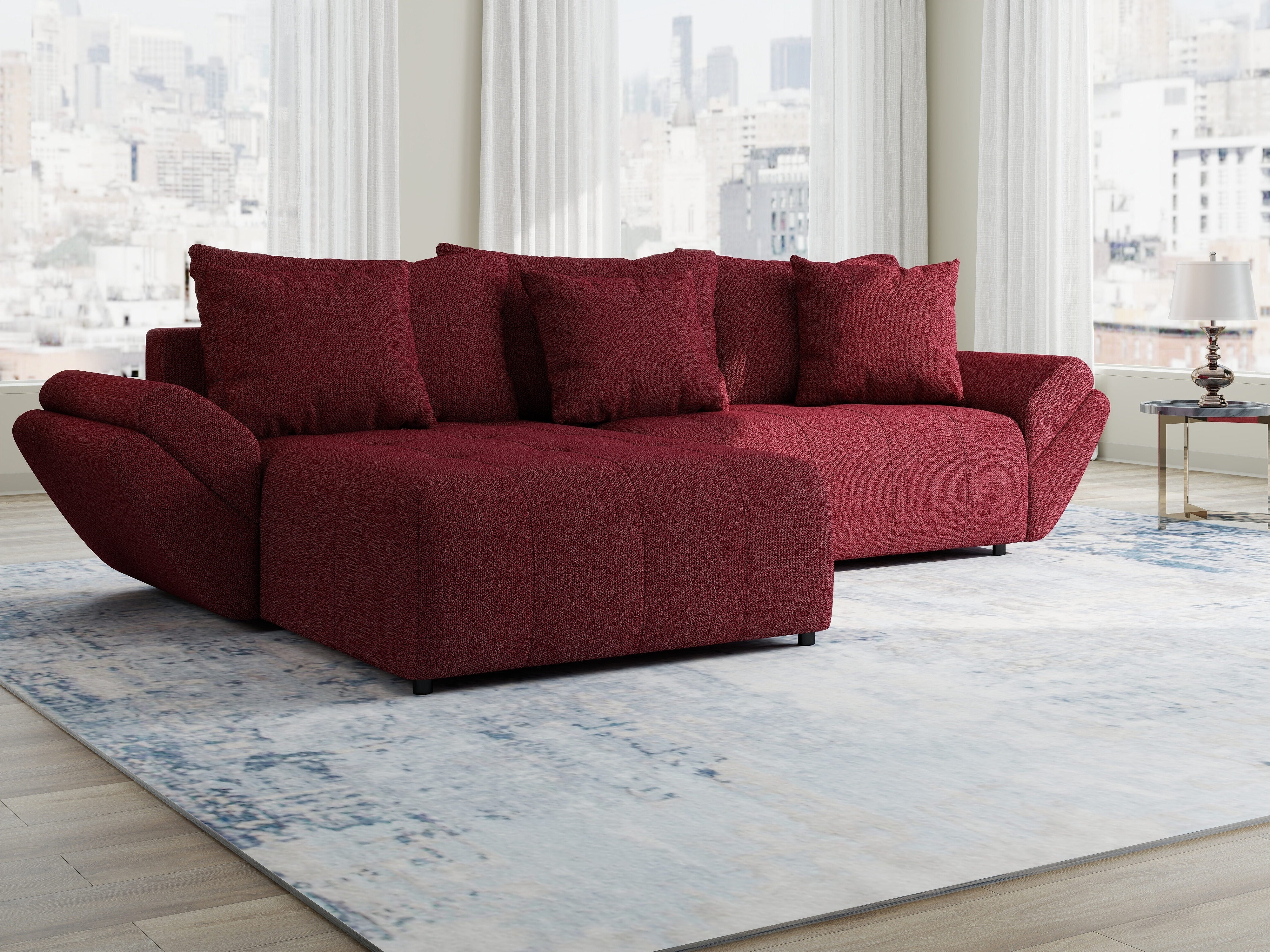 Colțar extensibil dumonde cu ladă de depozitare si sezut confortabil din spuma HR, Berlin Enjoy Rosu 280x185 cm