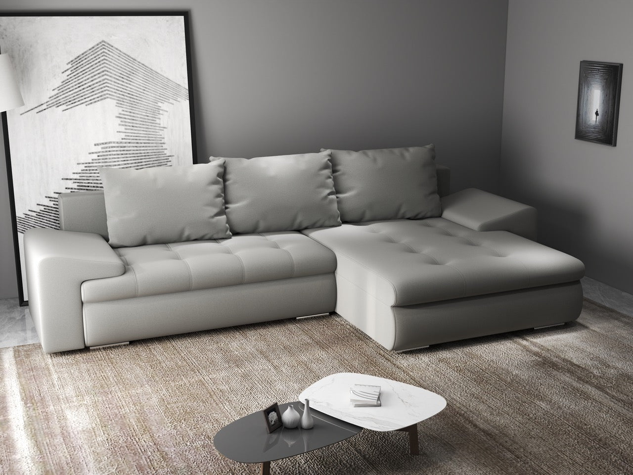 Colțar extensibil dumonde cu ladă de depozitare si sezut confortabil din spuma HR, Leonardo Royal Gri 260x185 cm II Fabrica