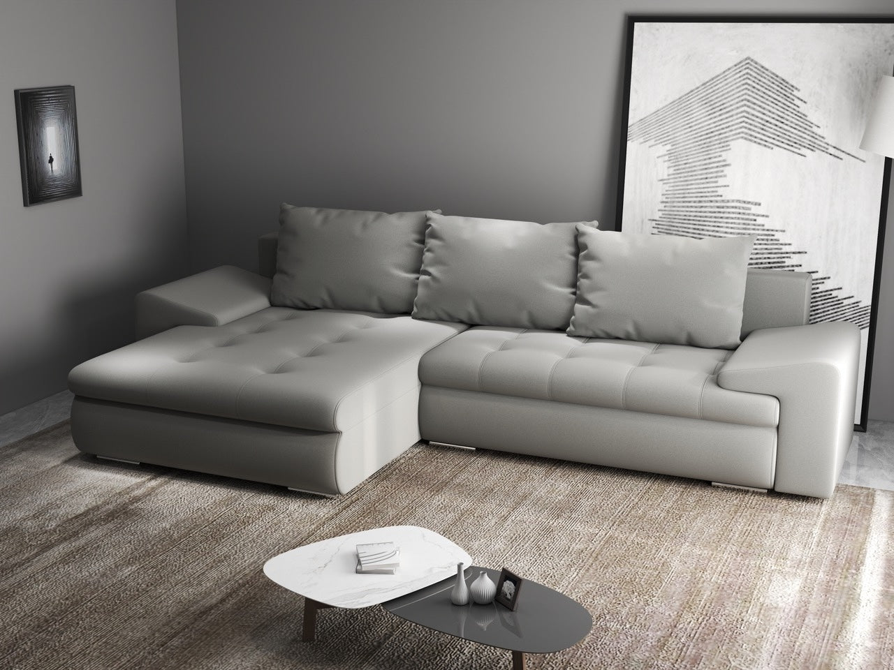 Colțar extensibil dumonde cu ladă de depozitare si sezut confortabil din spuma HR, Leonardo Royal Gri 260x185 cm Fabrica