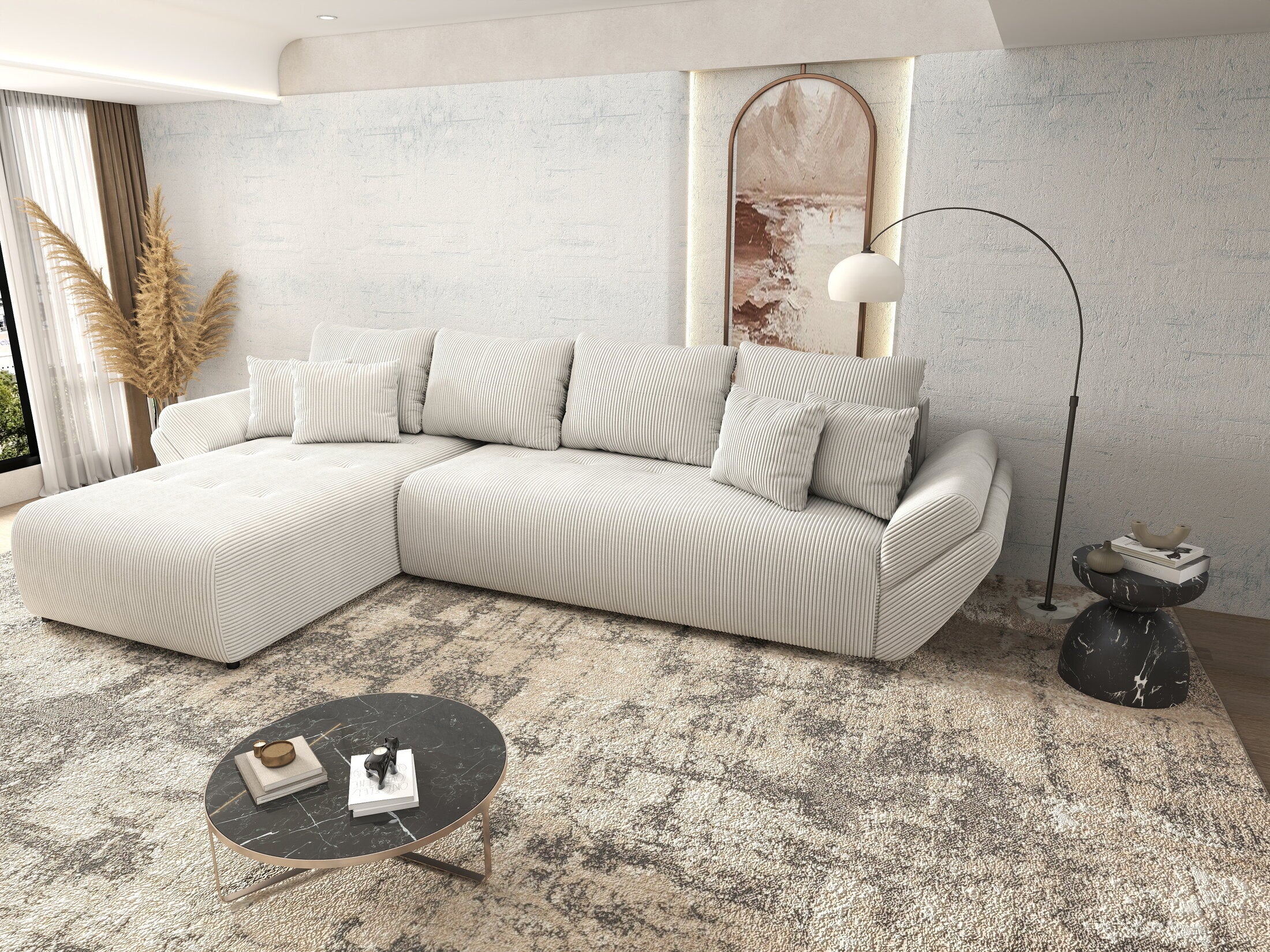 Colțar extensibil dumonde cu ladă de depozitare si sezut confortabil din spuma HR, Berlin XL Zoom Crem 350x185 cm