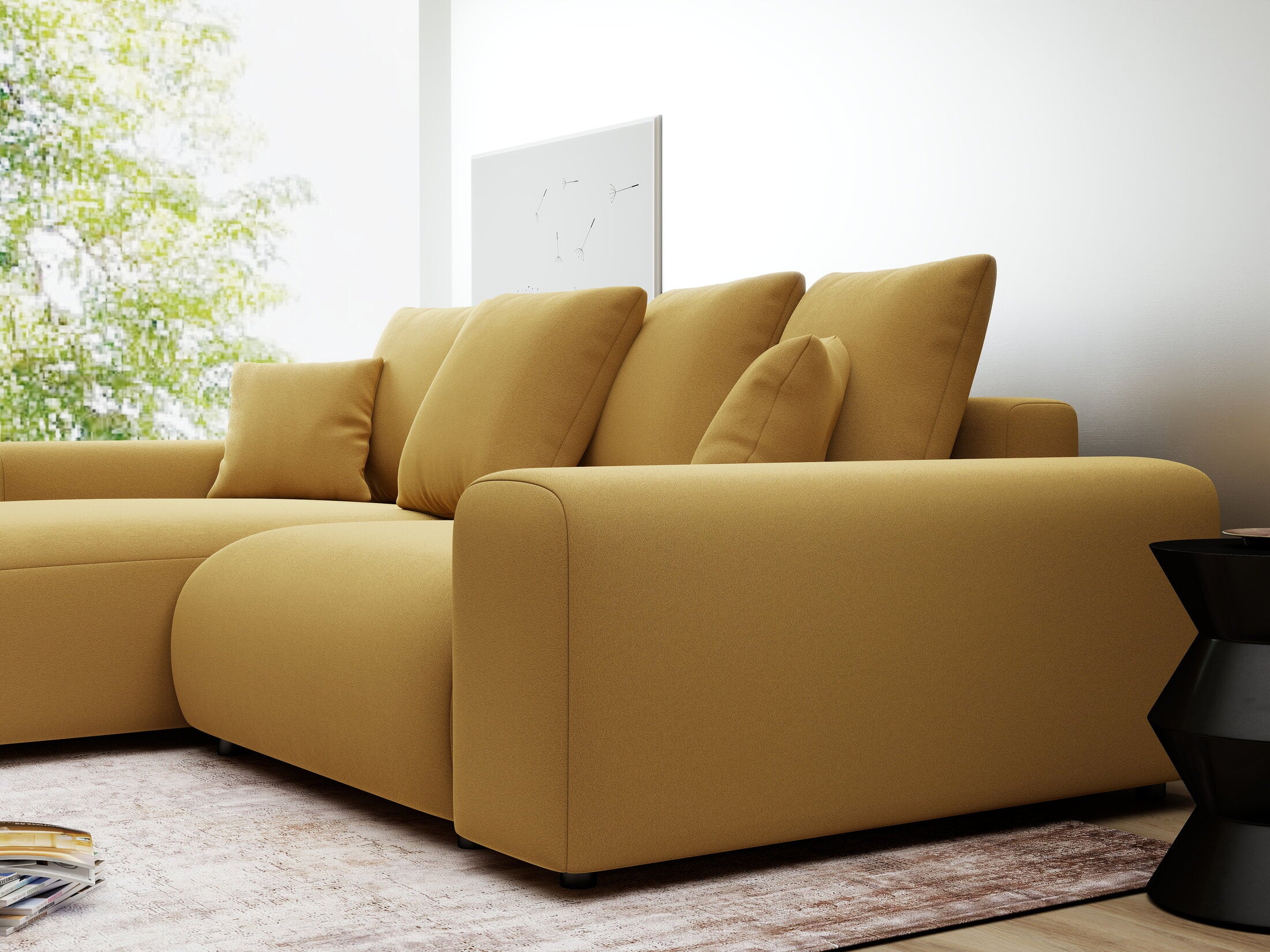 Colțar extensibil dumonde cu ladă de depozitare și șezut confortabil din spumă HR, Luma Royal Mustar 255x168 cm