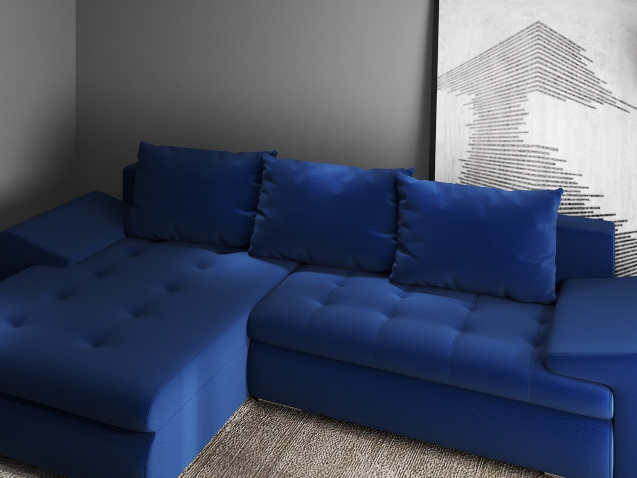 Colțar extensibil dumonde cu ladă de depozitare si sezut confortabil din spuma HR, Leonardo Royal Albastru 260x185 cm Fabrica