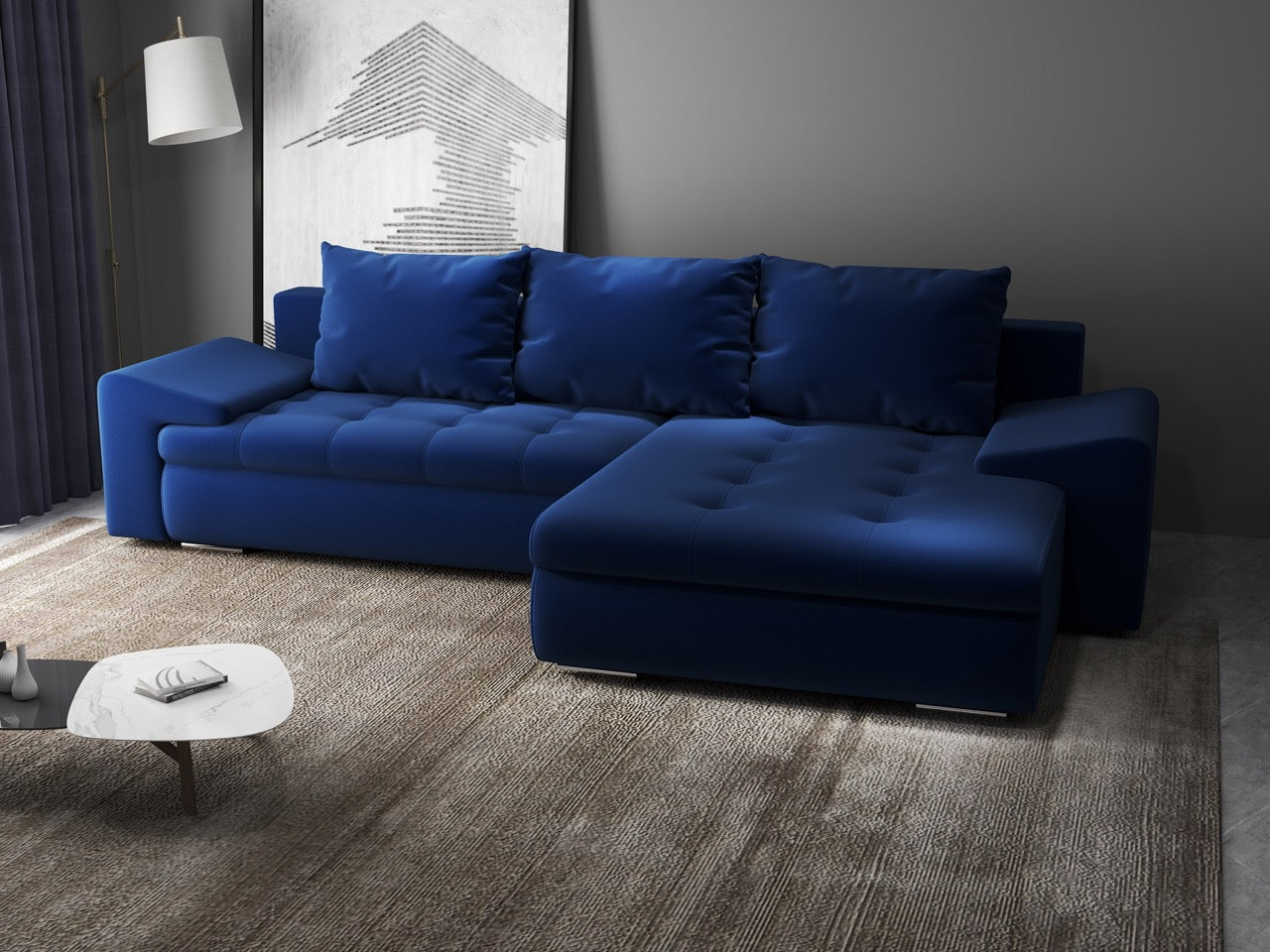 Colțar extensibil dumonde cu ladă de depozitare si sezut confortabil din spuma HR, Leonardo Royal Albastru 260x185 cm II Fabrica