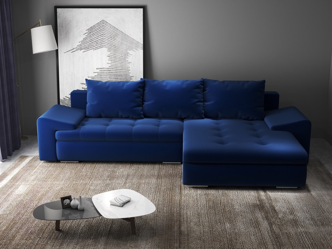 Colțar extensibil dumonde cu ladă de depozitare si sezut confortabil din spuma HR, Leonardo Royal Albastru 260x185 cm II Fabrica