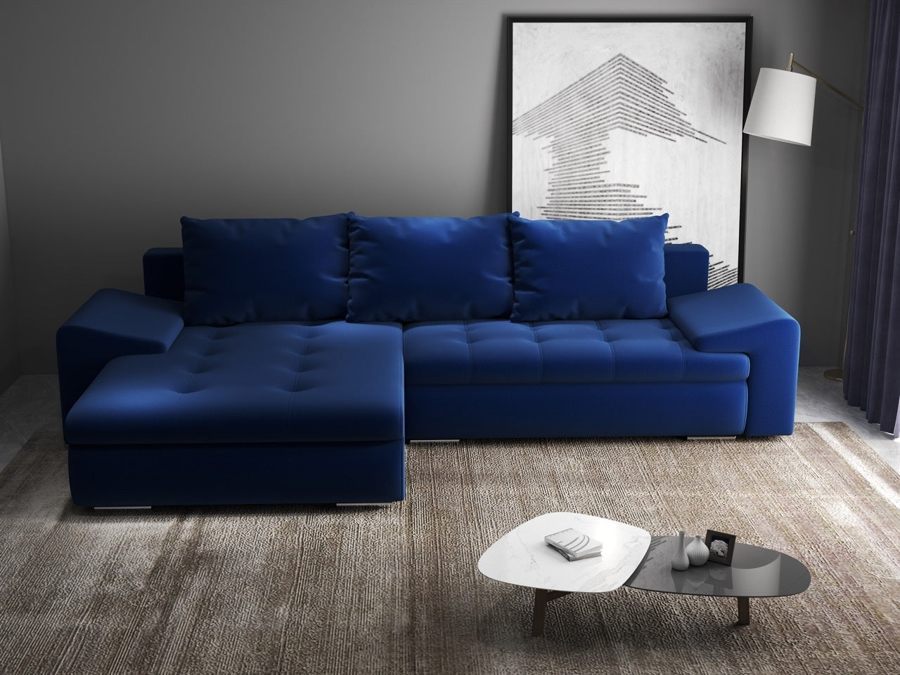 Colțar extensibil dumonde cu ladă de depozitare si sezut confortabil din spuma HR, Leonardo Royal Albastru 260x185 cm Fabrica