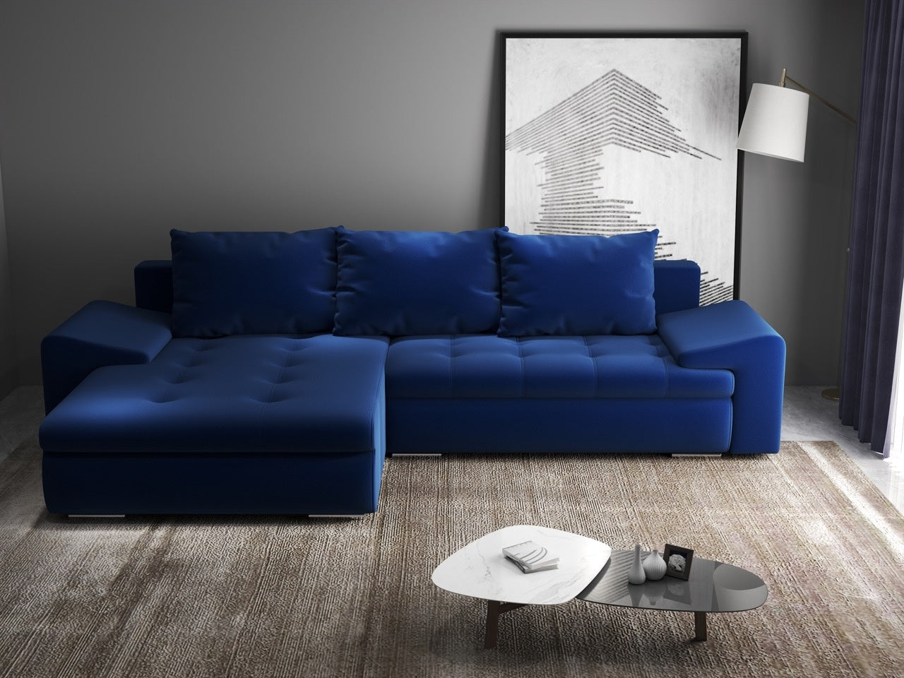 Colțar extensibil dumonde cu ladă de depozitare si sezut confortabil din spuma HR, Leonardo Royal Albastru 260x185 cm Fabrica