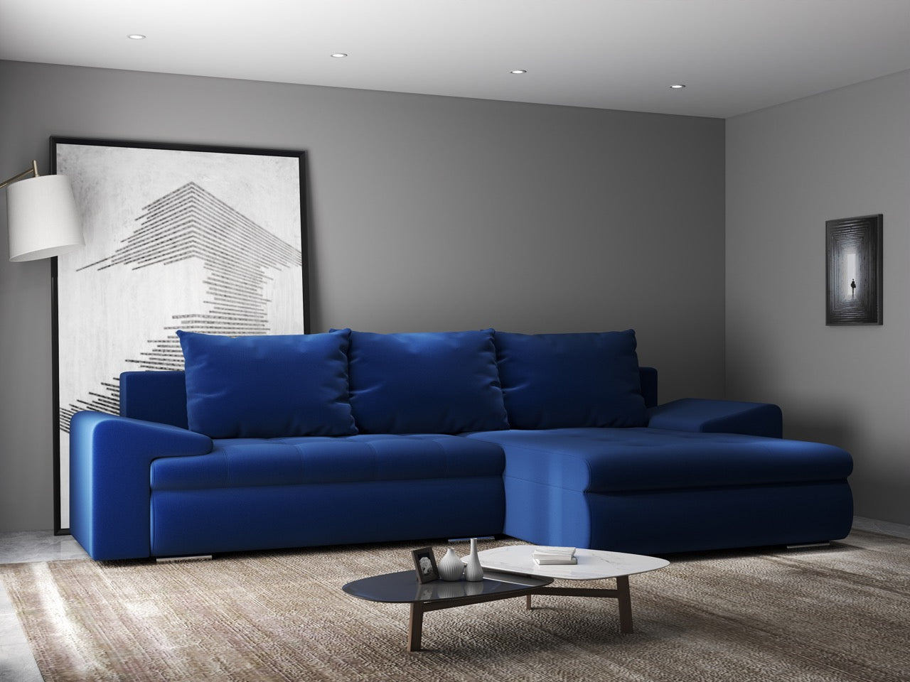 Colțar extensibil dumonde cu ladă de depozitare si sezut confortabil din spuma HR, Leonardo Royal Albastru 260x185 cm II Fabrica