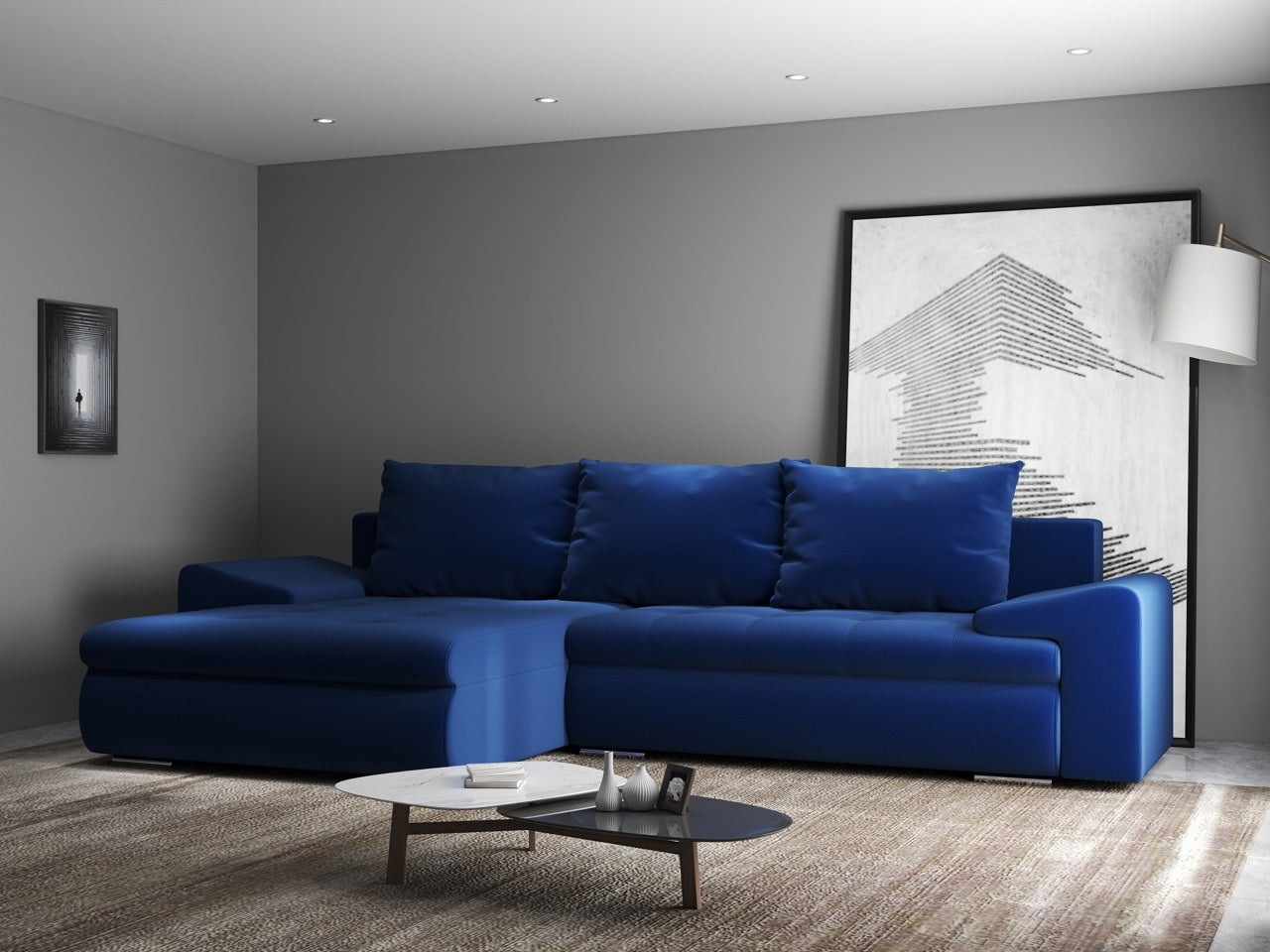 Colțar extensibil dumonde cu ladă de depozitare si sezut confortabil din spuma HR, Leonardo Royal Albastru 260x185 cm Fabrica