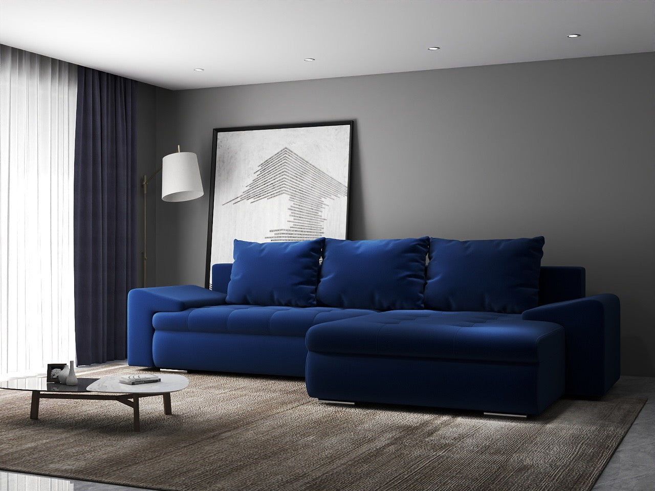 Colțar extensibil dumonde cu ladă de depozitare si sezut confortabil din spuma HR, Leonardo Royal Albastru 260x185 cm II Fabrica