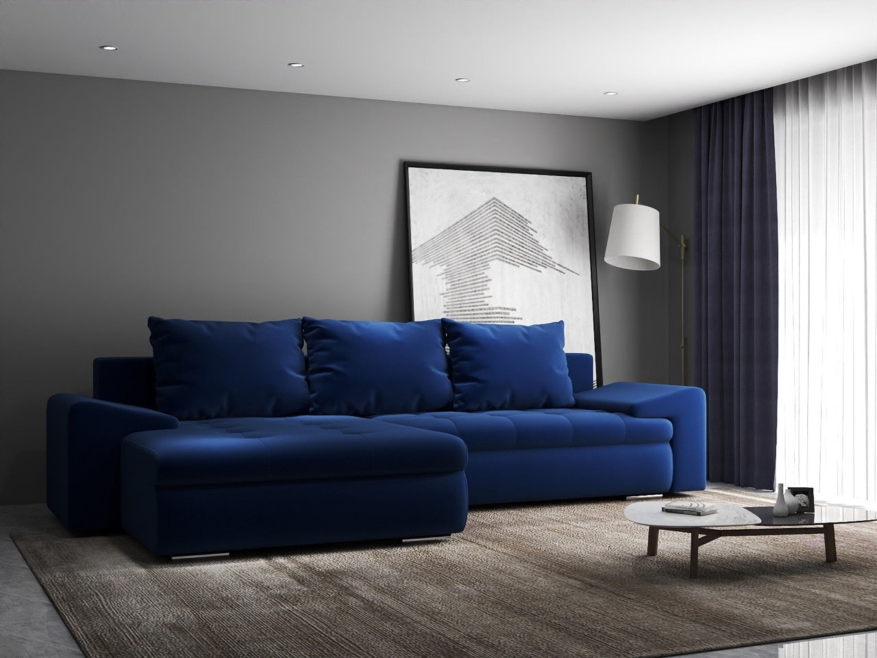 Colțar extensibil dumonde cu ladă de depozitare si sezut confortabil din spuma HR, Leonardo Royal Albastru 260x185 cm Fabrica